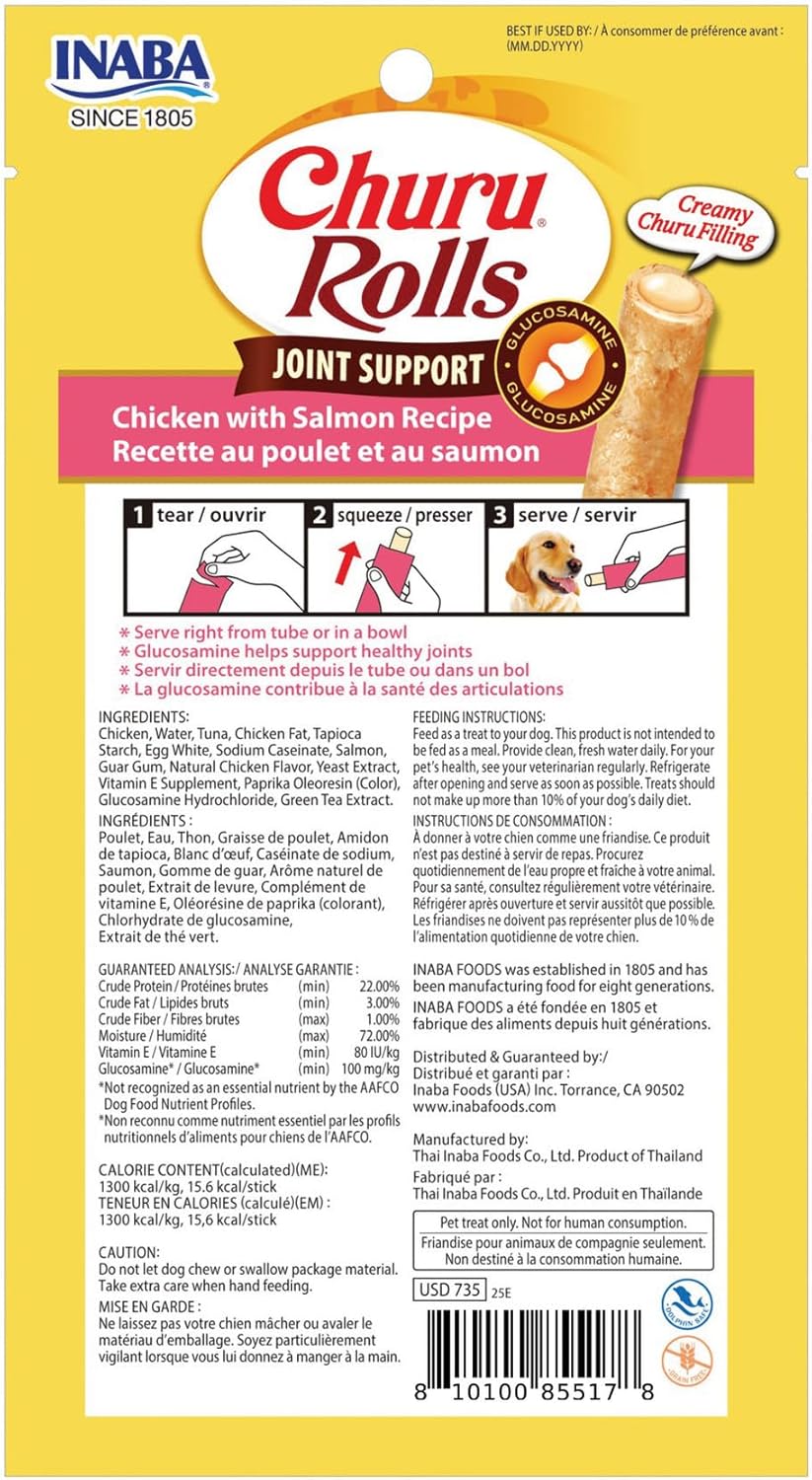 INABA Churu Rolls Joint Support for Dog, Functional Lickable Dog Treat with Taurine & Green Tea Extract, 1.26oz Each, 18 Tubes Total, Chicken with Salmon Recipe