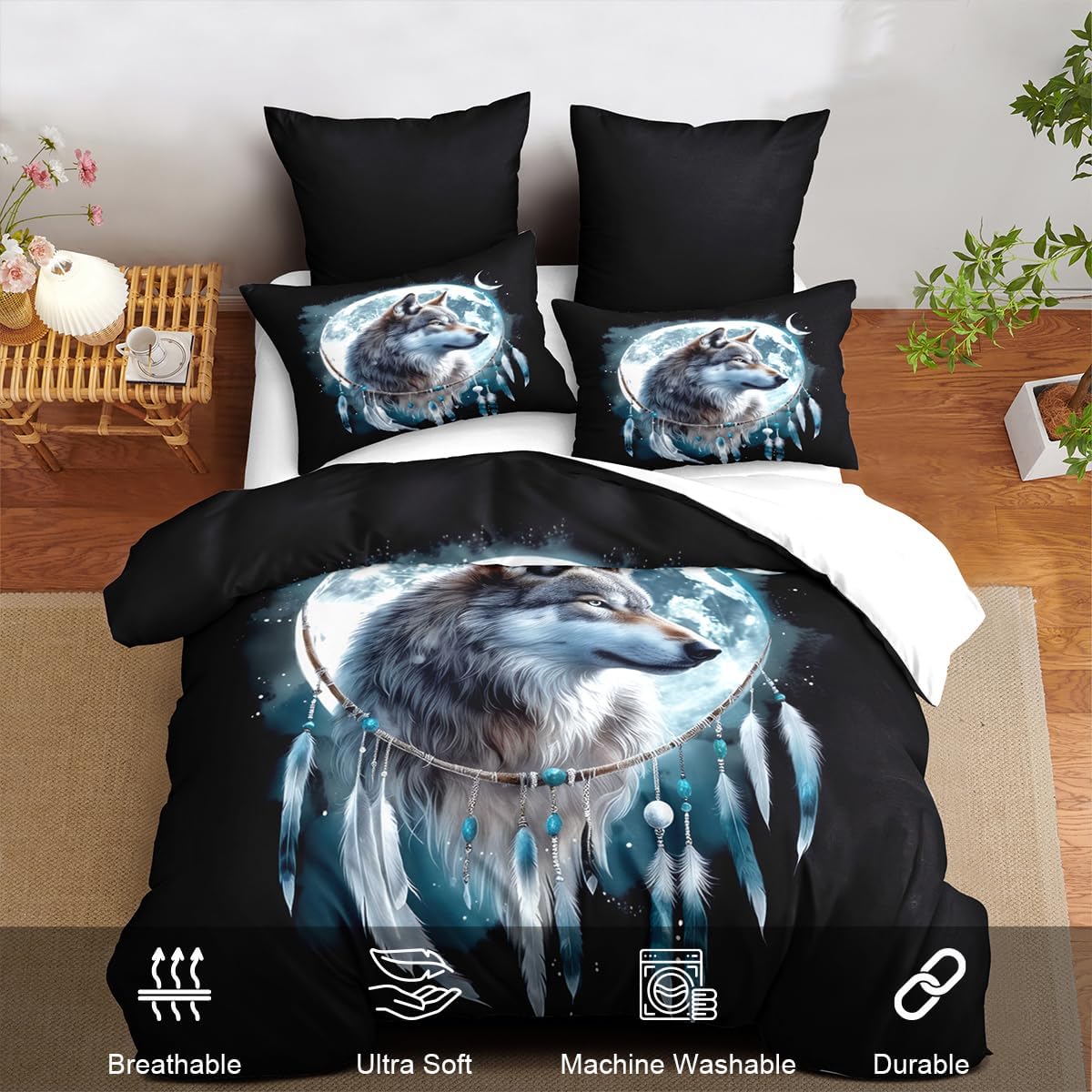 Wolf Comforter Set Queen Size, Wolves Moon Bedding Set, Dream Catcher & Animal Pattern on Black Bedding, Western Boho Tribal Comforter Soft Microfiber Down Quilt 3 Pieces