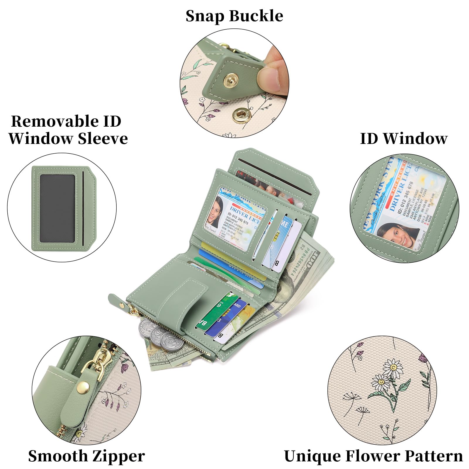 GAEKEAO Porte Monnaie Femme, Petit Portefeuille Femme avec Blocage RFID, Porte Carte avec Fenêtre D'identification Amovible et Poche à Monnaie Zippée
