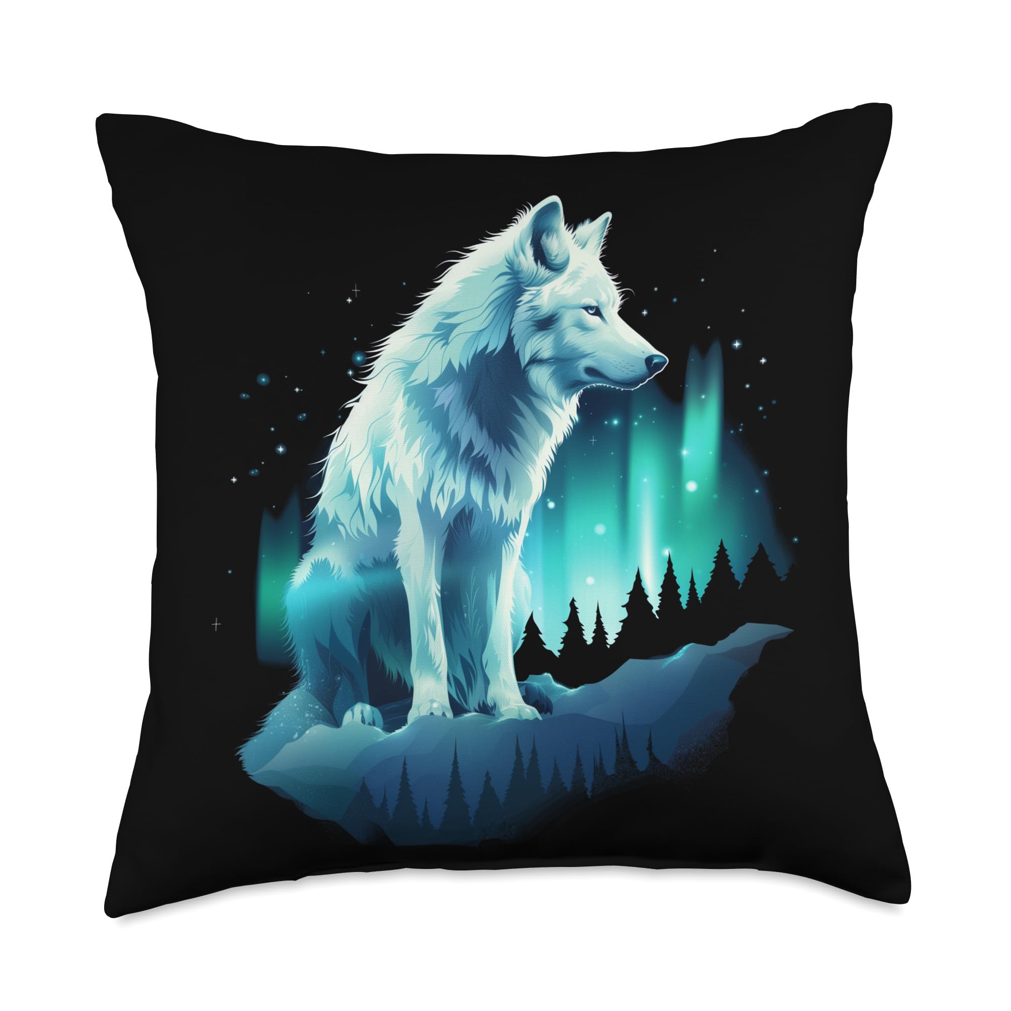 Wolf Northern Lights Alaska Arctic Up North White Wolf Lover Throw Pillow