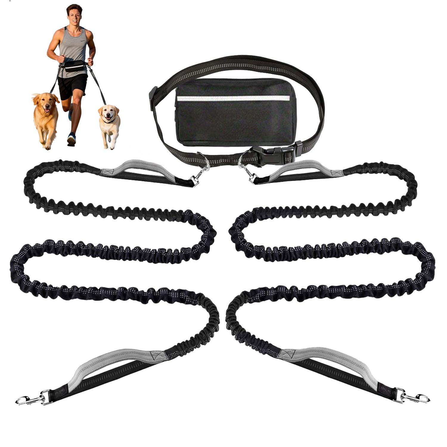 Correa Perro Cintura,Correa Perro,Correa Doble para Perros,Extensible,Manos Libres,Antitirones,EláStica,con Bolsillos y Costuras ReflectanteAdecuado para Caminar,Correr y Hacer Senderismo(Negro)