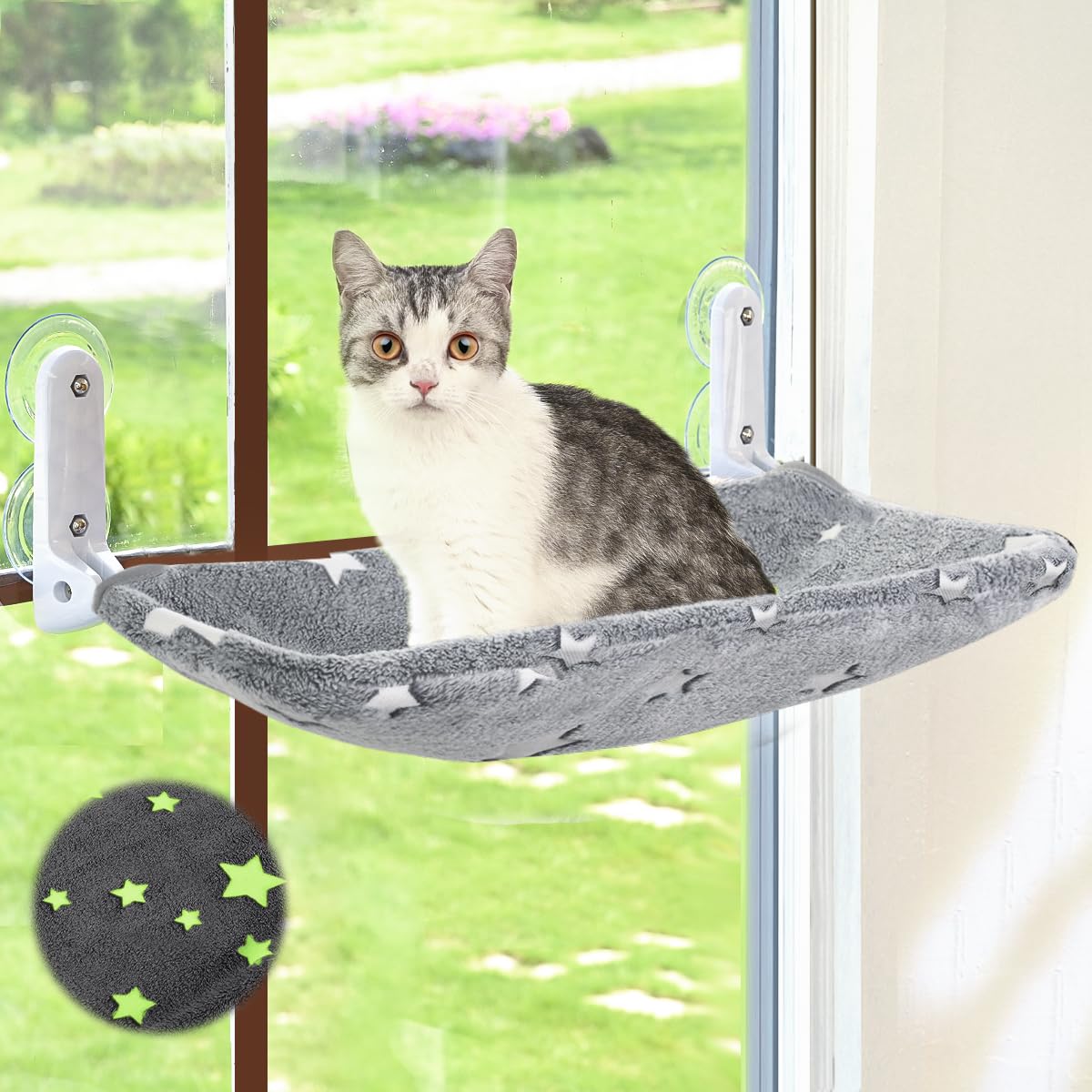 Zoratoo Glow in the Dark Cat Window Perch, Foldable Cordless Pet Hammock, L