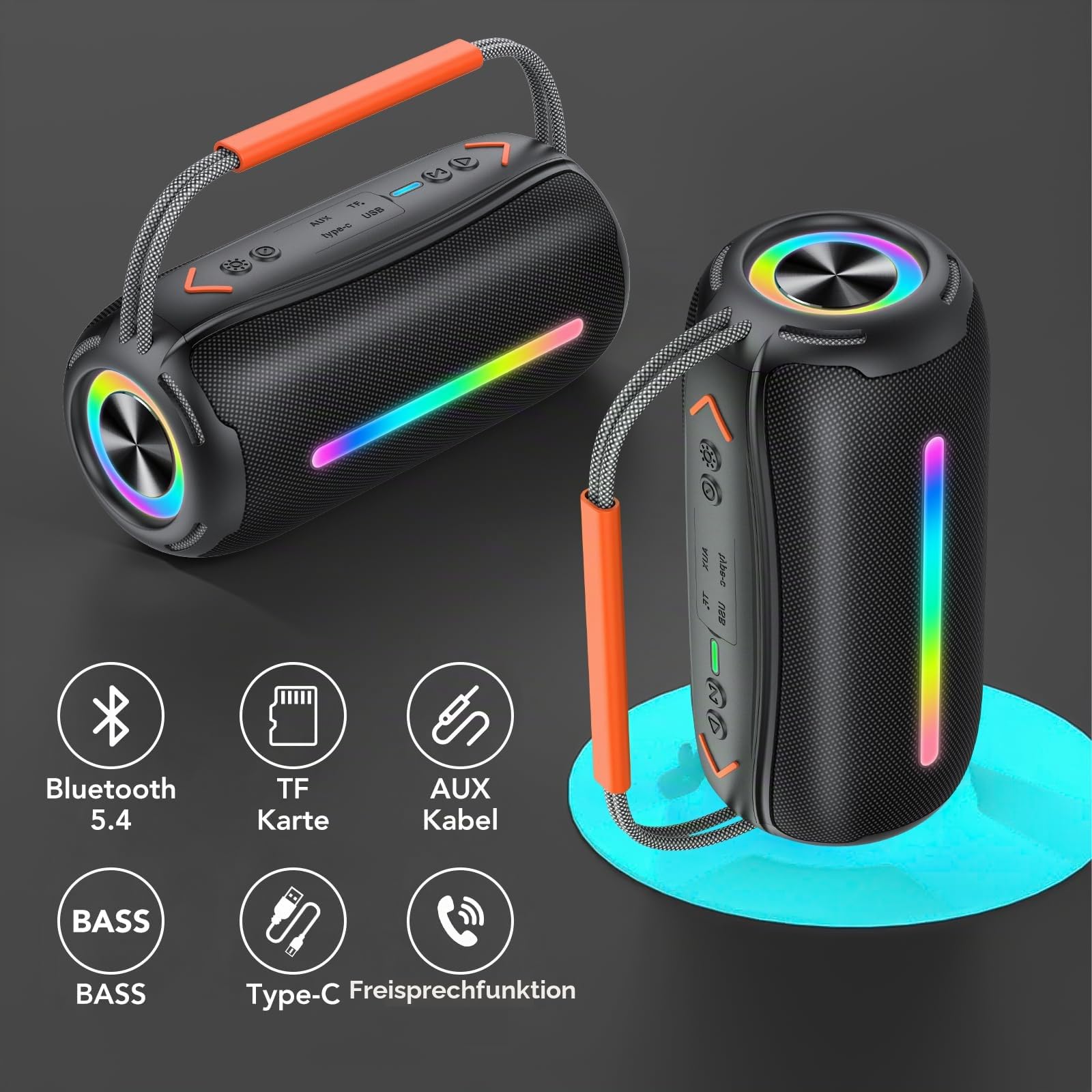 Tragbarer Bluetooth Lautsprecher mit Griff, 40W Leistungsstarker Musikbox mit Dualen Bass-Treibern, BT5.4/IPX7 Wasserdicht/30H Akku, TWS Kopplung/AUX/TF, Kabelloser Speaker für Party/Outdoor/Reisen