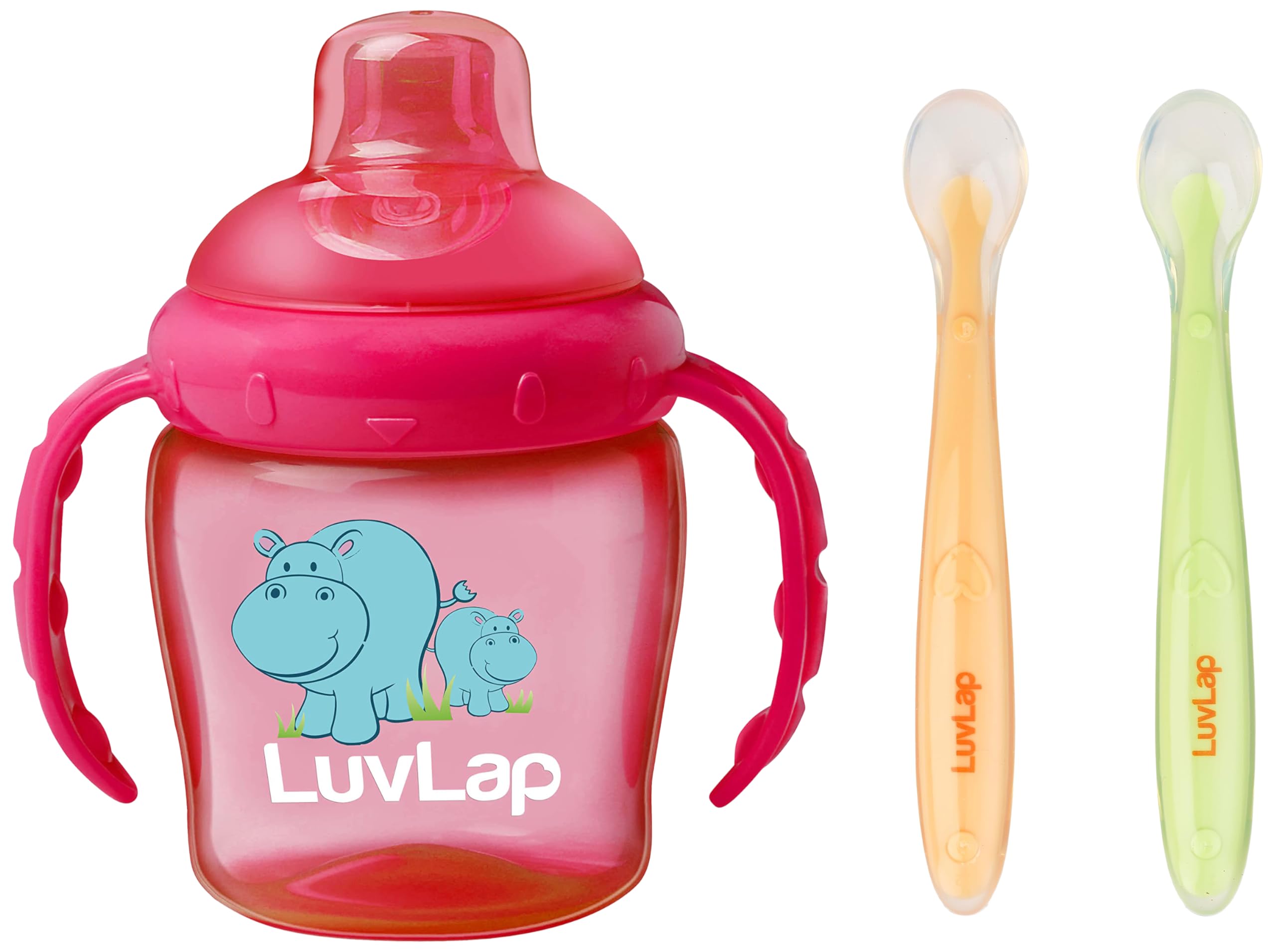 LuvLap Baby Feeding Bundle - 225ml Hippo Spout Sipper (6m+) & Silicone Tip Spoons Set | BPA Free | Anti-Spill Design | Perfect for Infants & Toddlers | Pink & Green-image-29