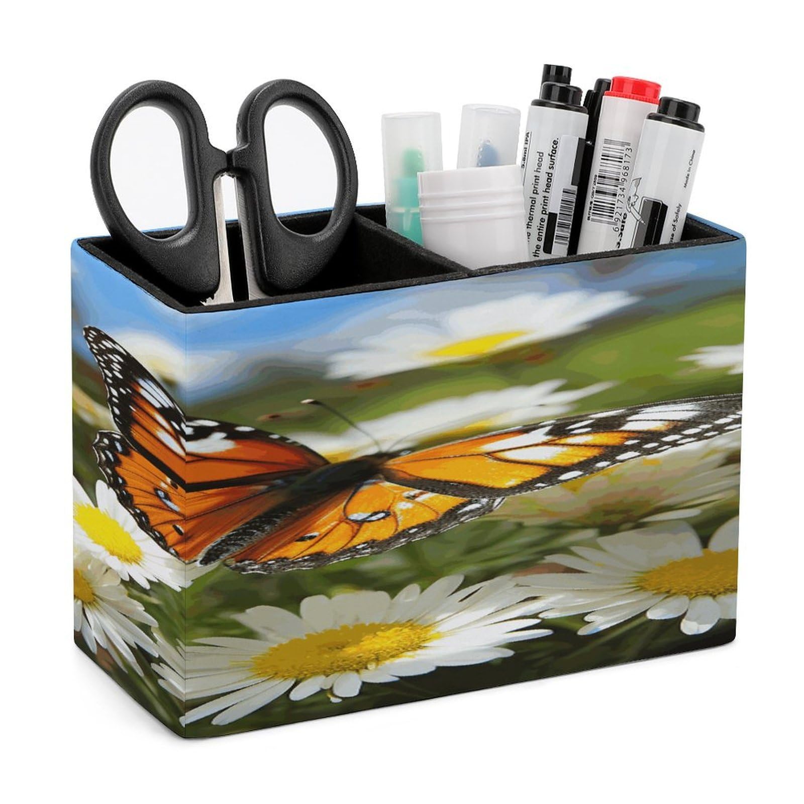 JTREHY Butterfly on Daisy Flower Pencil Holder Exquisite Fashion Leather Pen Receptacle Soft High-End Pen Container for Office Home Accessories Or Housewarming Present