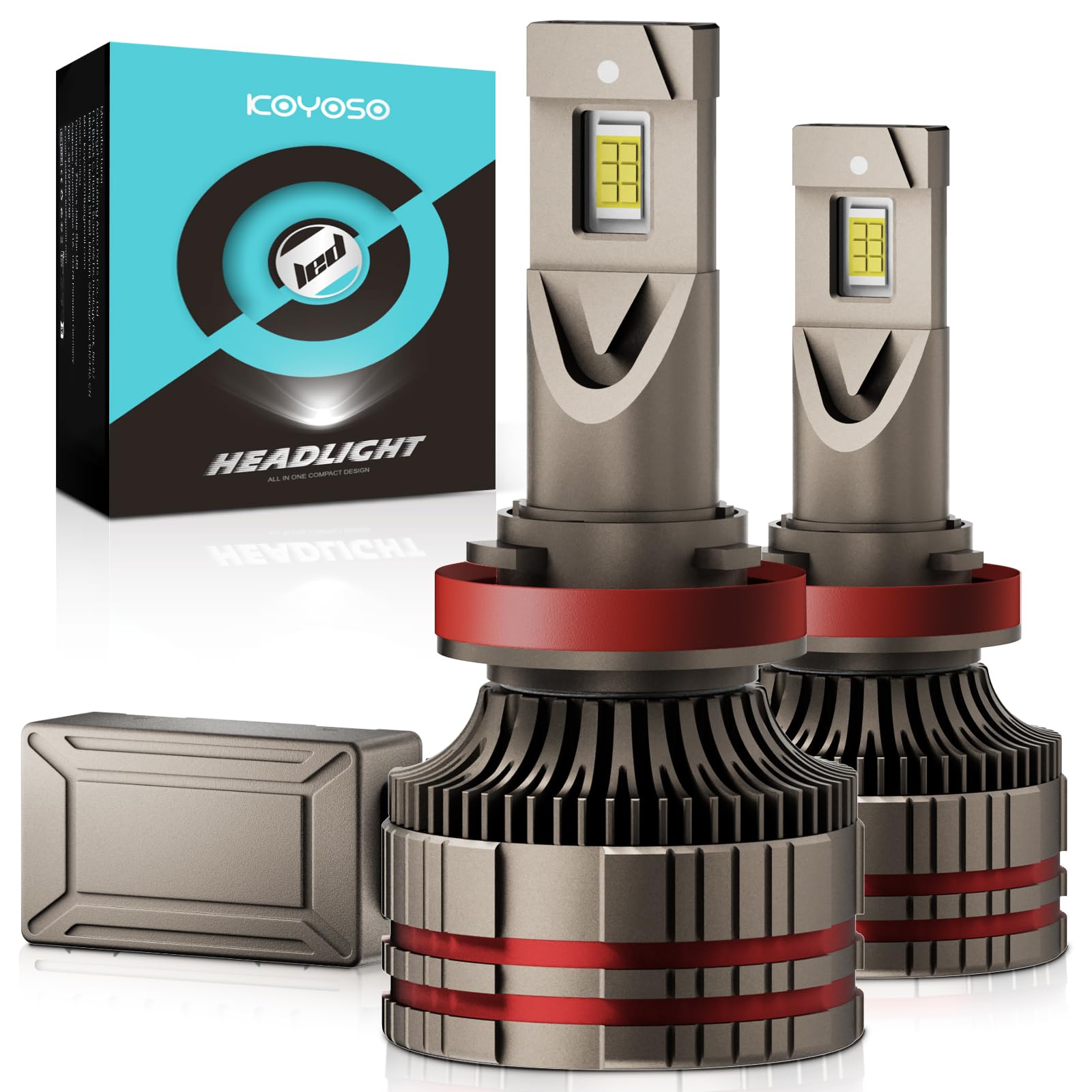 KOYOSO H11 LED Headlight Bulbs, 10000LM Head Lamps, Car Replacement Lights of Halogen and Xenon Kit, 6000K White 12V, 2 Lamps