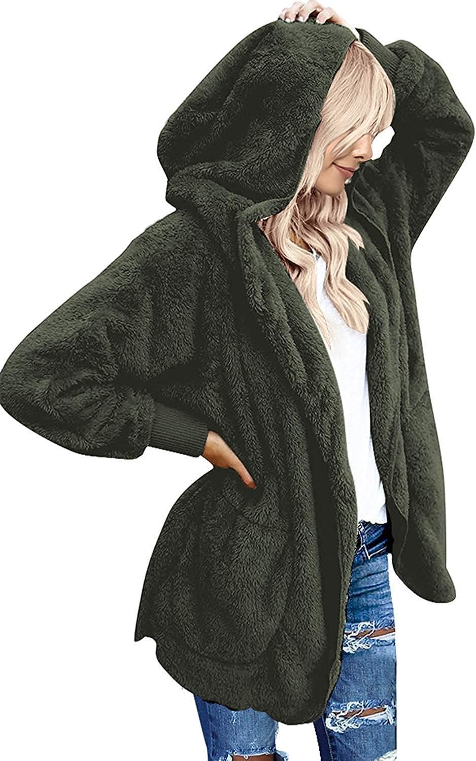 YanekopWomens Fuzzy Fleece Open Front Hooded Cardigan Jackets Sherpa Outerwear Coats with Pockets