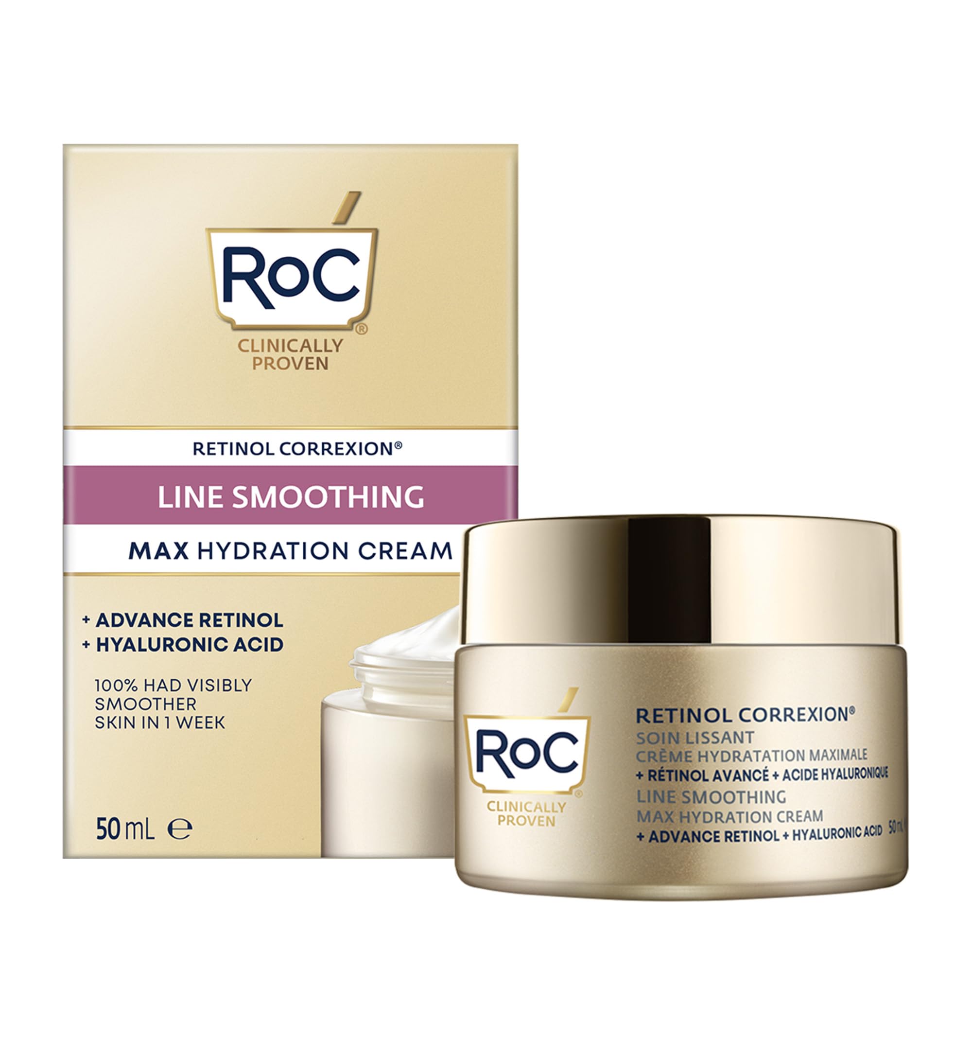 RoC - Retinol Correxion Line Smoothing Idratazione Massima - Trattamento Antirughe Intensivo - Pelle Più Liscia e Luminosa - Acido Ialuronico - 50 ml