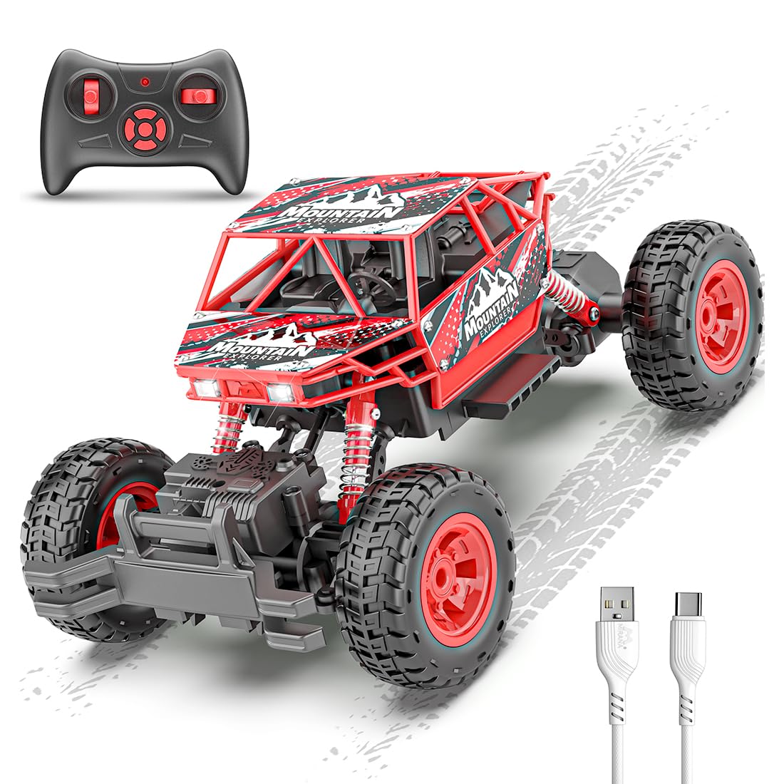 Mirana Duster 4WD 4x4 RC Car | High Speed ATV Remote Control Rock Crawler | C-Type USB Rechargeable Offroad Monster Truck | Spring Suspensions | Fun Outdoor Toy for Kids (4 Wheel Drive, Red)