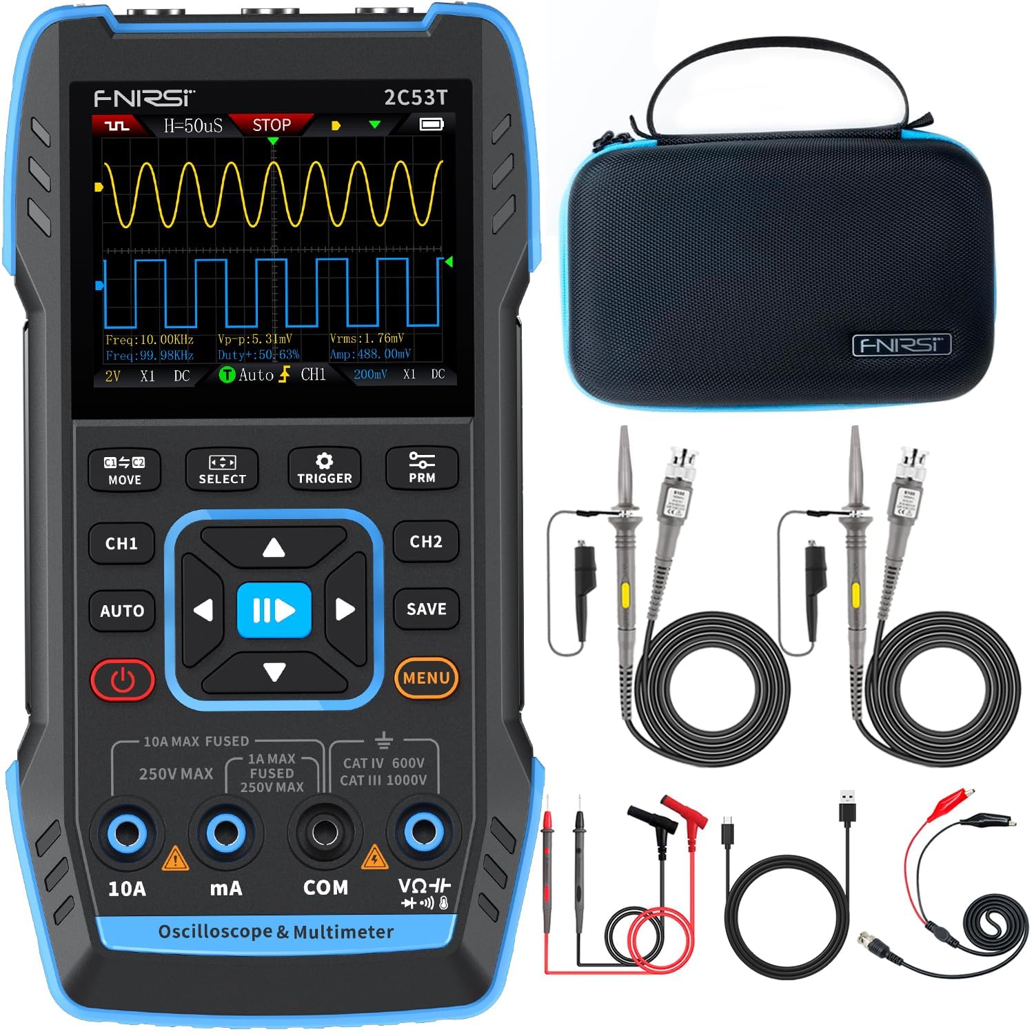 Oszilloskop Multimeter,2C53T 3-in-1 Digitales Oszilloskop Tragbar Multimeter 2 Kanäle 50 MHz 250 MSa/s 19999 Zählungen Portable Oszilloskope