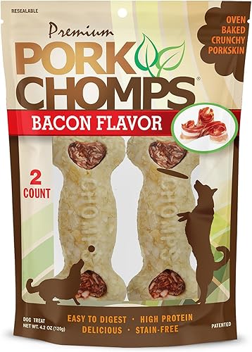 Pork Chomps Masticables para perros, huesos crujientes de 4 pulgadas, sabor a tocino, 2 unidades