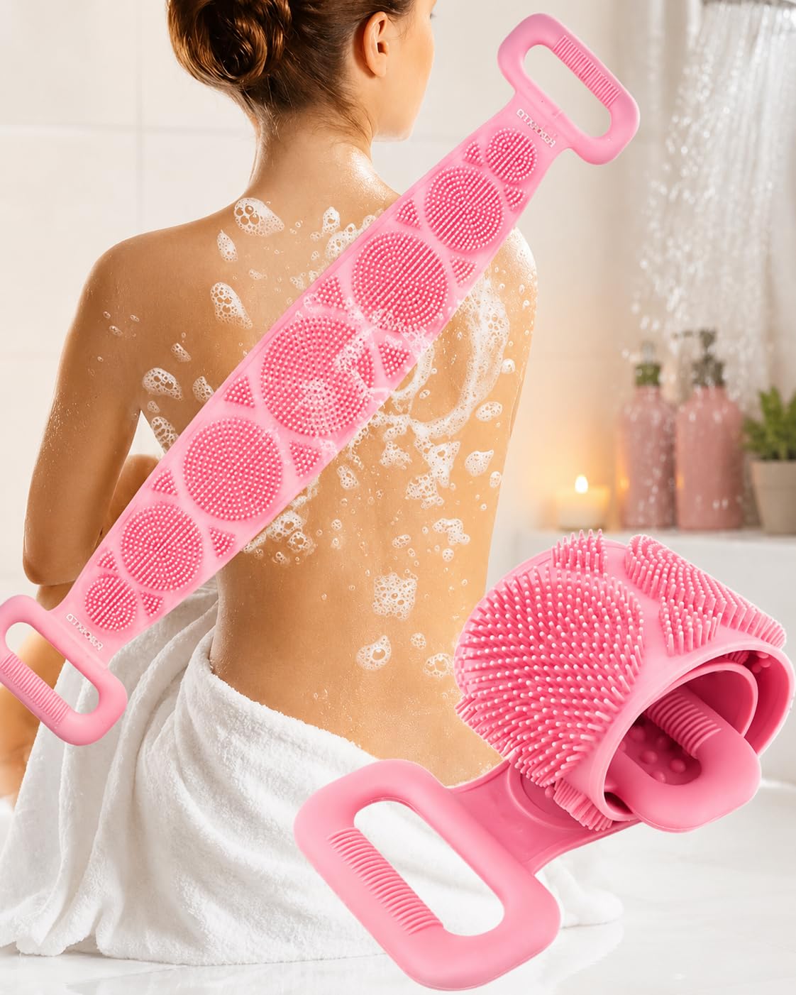 Kyrotech 70 cm Uzun Silikon Banyo ve Sırt Kesesi, Çift Taraflı Masaj Etkili Duş Lifi, Ölü Deri Temizleyici ve Kan Dolaşımı Artırıcı Pembe Sırt Temizleyici, Ergonomik Tutma Kollu Hijyenik Vücut Fırçası