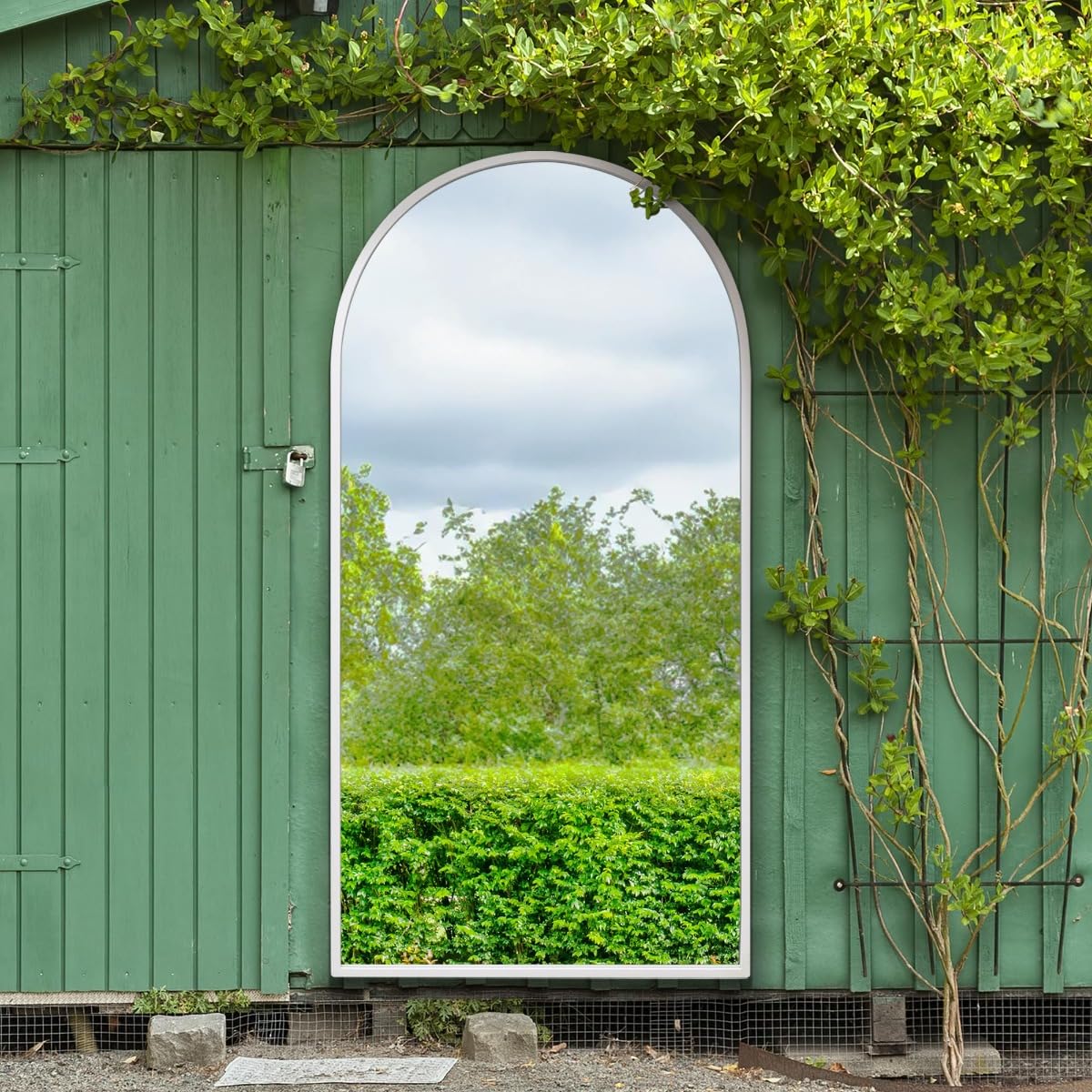 The Arcus - White Framed Arched Garden Wall Mirror 71" X 35" (180CM X 90CM)