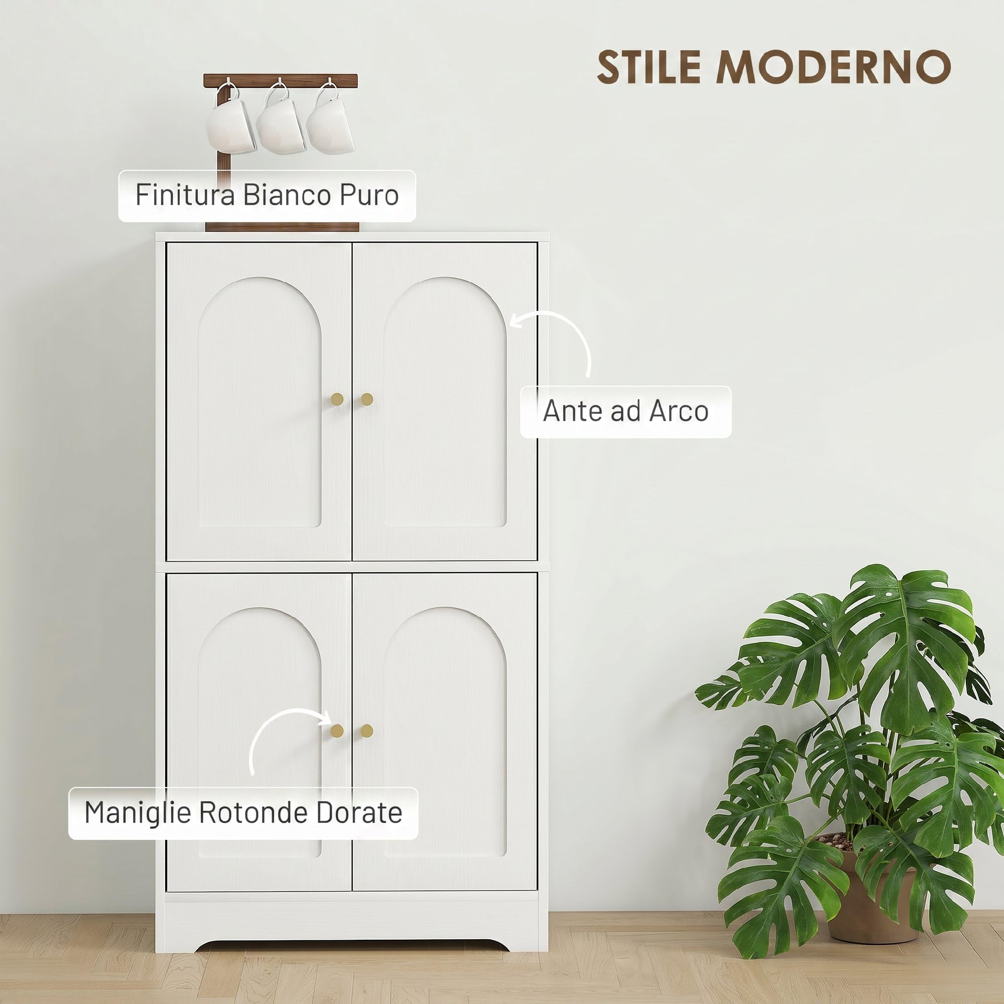 HOMCOM Credenza Cucina, Mobile Cucina Dispensa con 2 Armadietti, 4 Ante ad Arco, 2 Ripiani Regolabili, con Dispositivo Antiribaltamento, 60x30x110 cm, per Sala da Pranzo, Soggiorno, Bianco