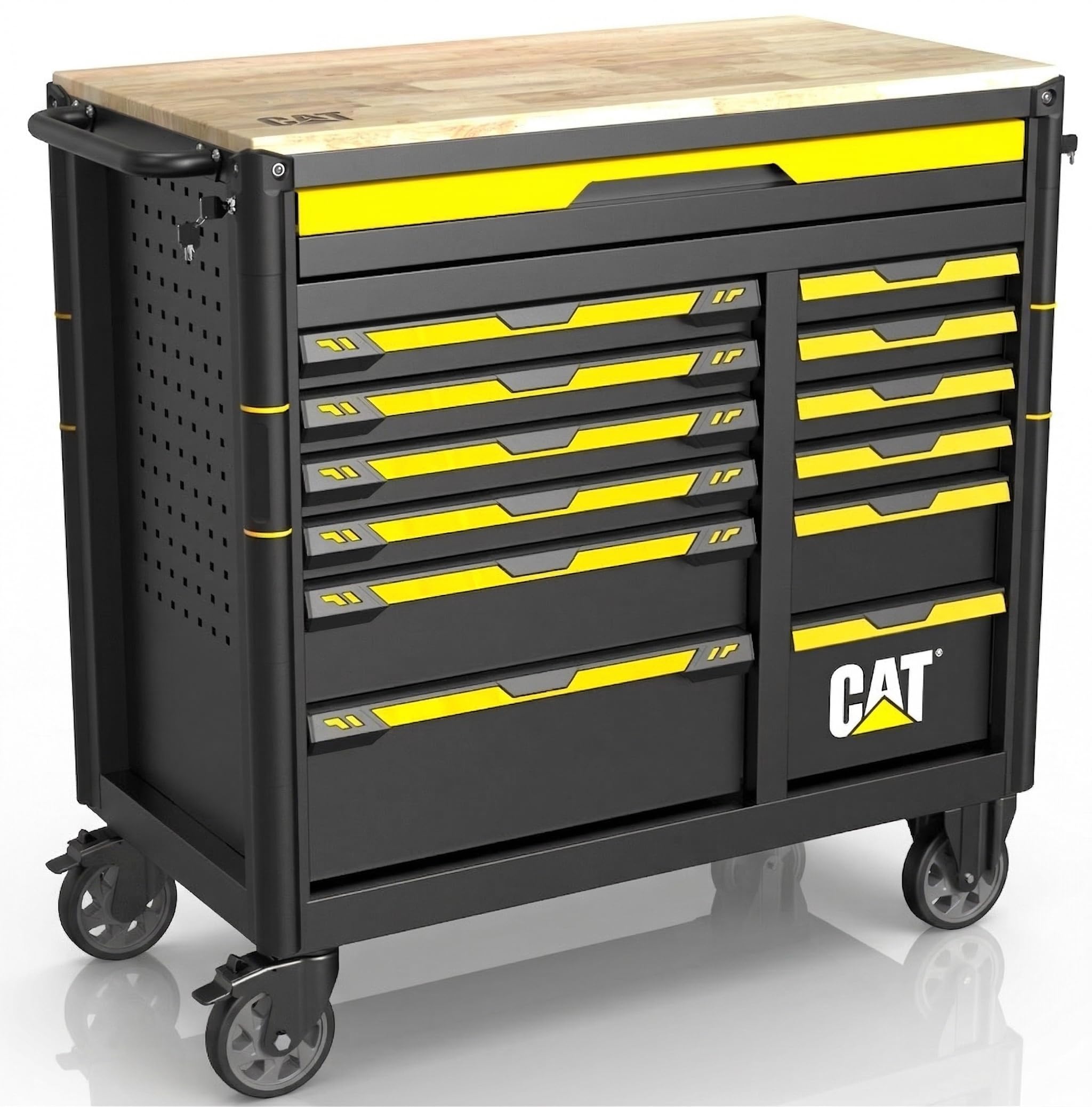 CAT Werkstattwagen bestückt mit Werkzeug 13 Schubladen 10 gefüllt Holz Arbeitsplatte KFZ Werkzeugkasten abschließbar mobiler Werkzeugschrank mit Rollen
