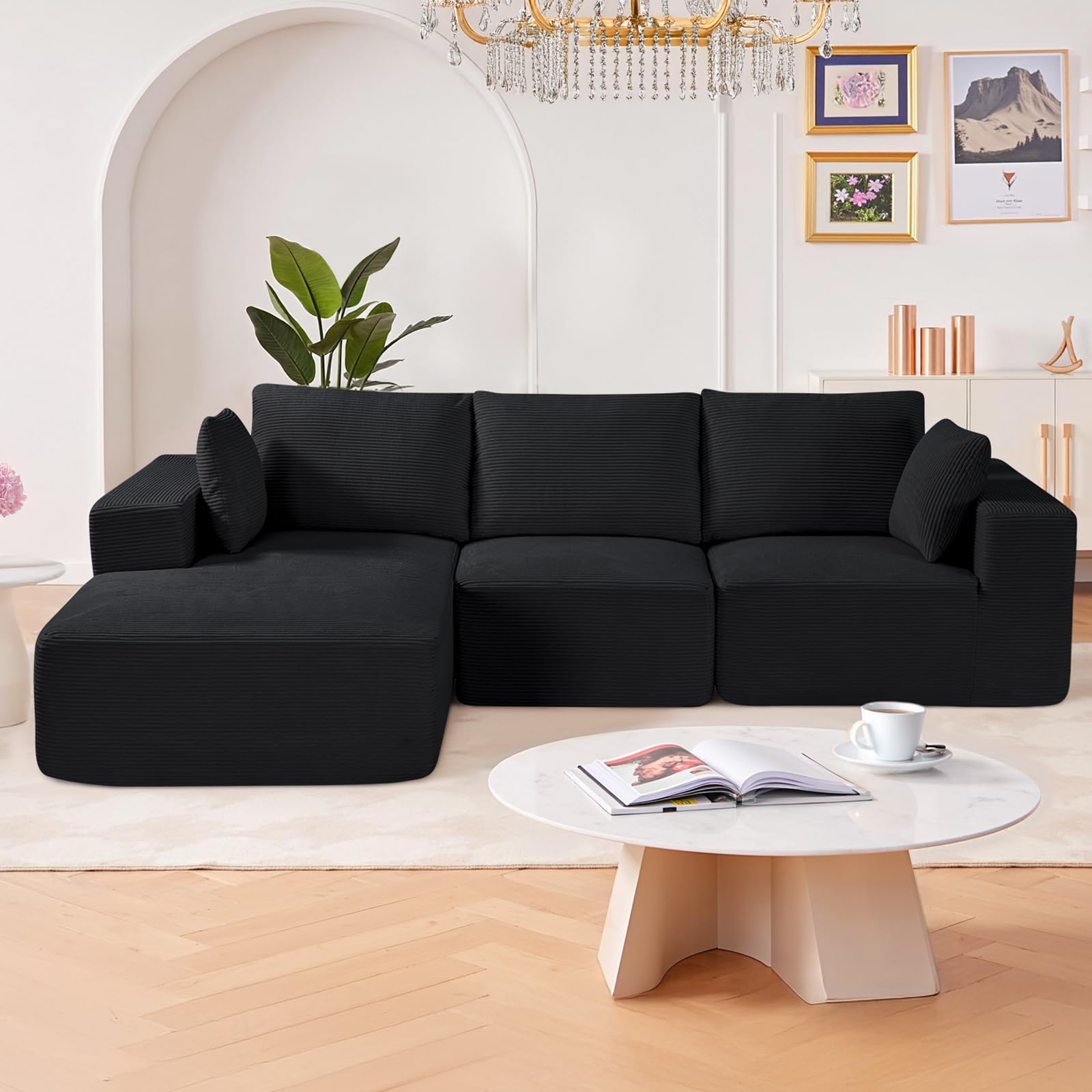 VEVOR Divano Modulare a Letto Angolare a Forma di L con Schiuma, Divano Imbottito in Velluto Capacità Carico 545 kg Lunghezza 265 cm con Cuscini, Mobile per Soggiorno Salone Casa, Nero