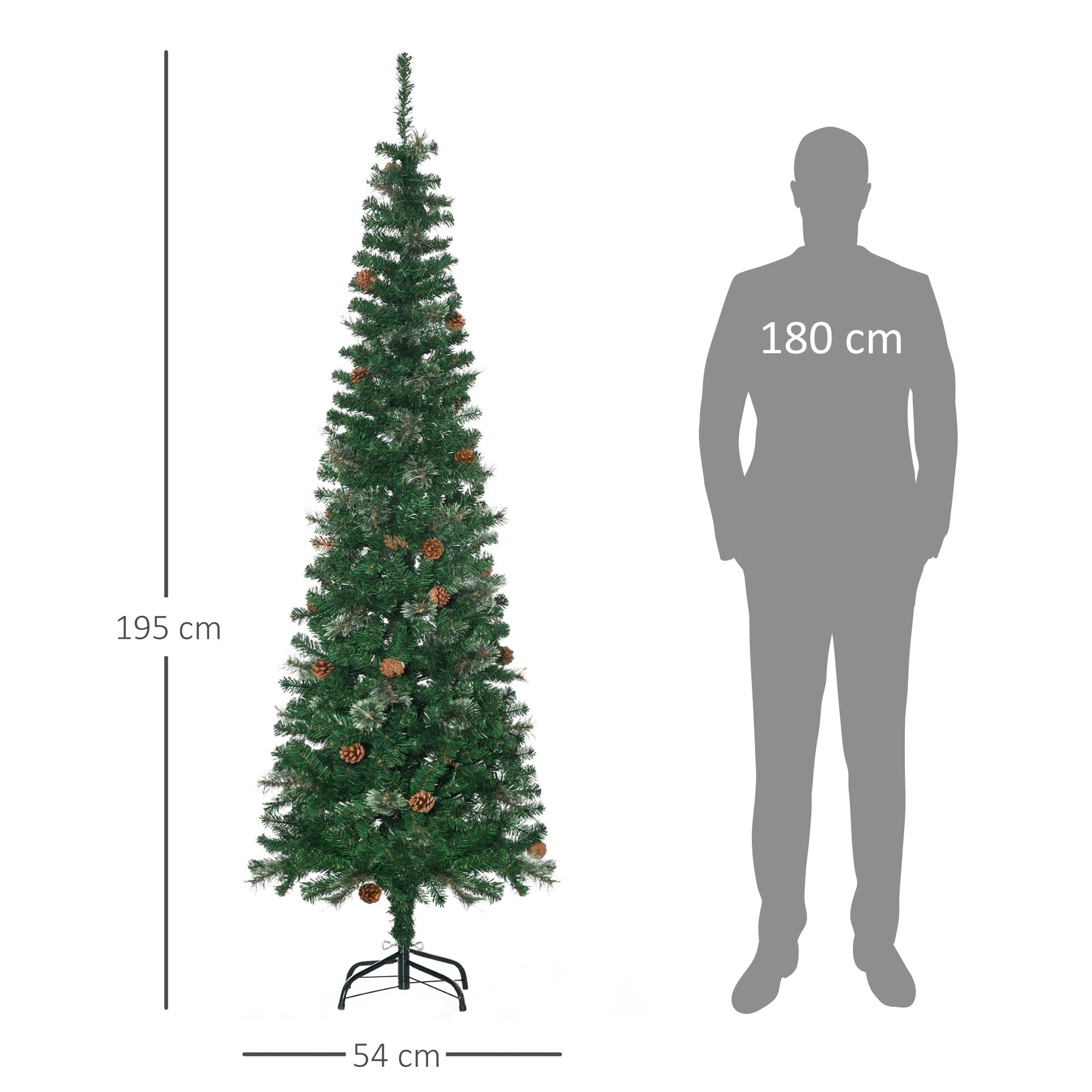 HOMCOM Árbol de Navidad Grande 195 cm Árbol de Navideño de 556 Ramas Árbol de Navidad Estrecho Forma de Lápiz con 25 Piñas Base Plegable Verde