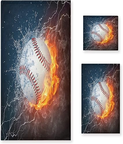 ALAZA Juego de toallas de baño, toallas de fuego de agua de béisbol, 3 piezas, 1 toalla de baño, 1 toalla de baño, 1 toalla de mano, juego de 3