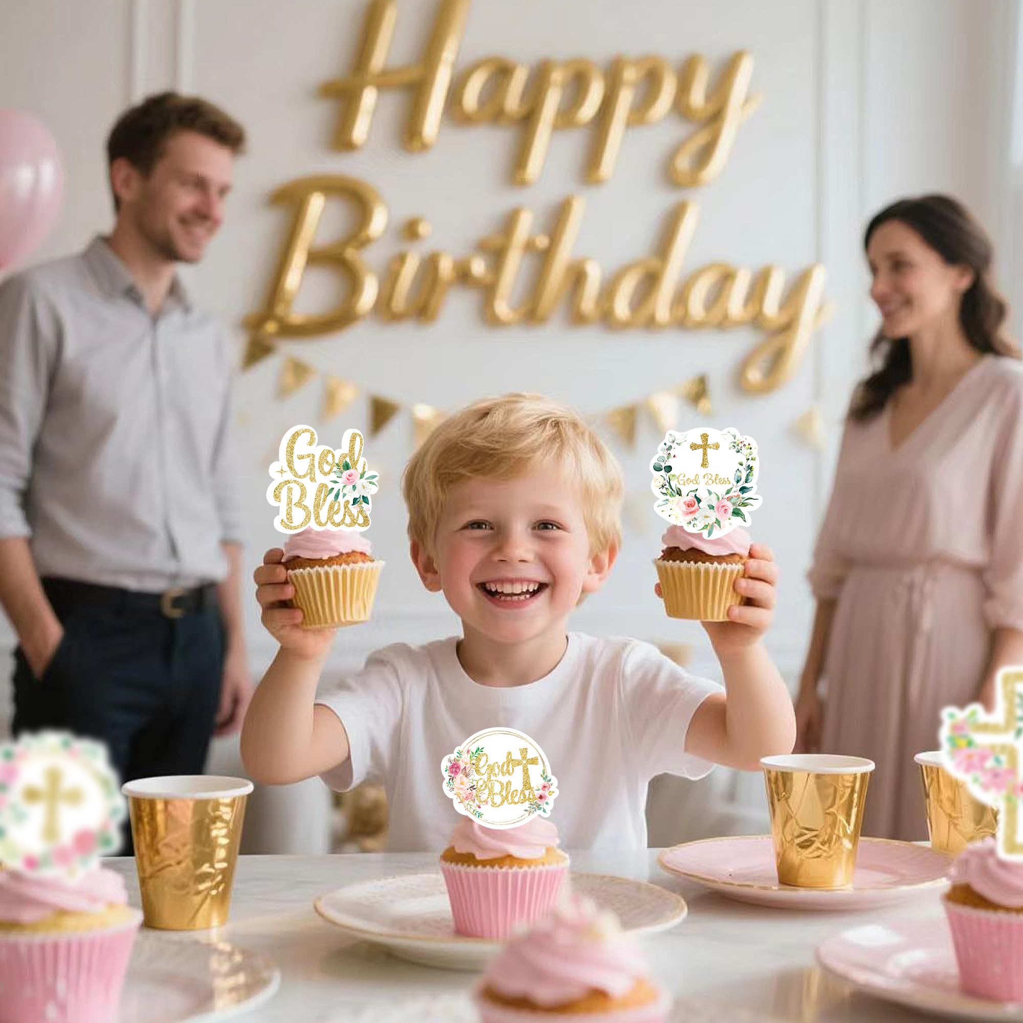 56 PCS Edible Pink God Bless Cupcake Toppers Cross Cupcake Toppers Girl Baby Shower Cake Topper Decorations for Christian Theme Decorations Supplies