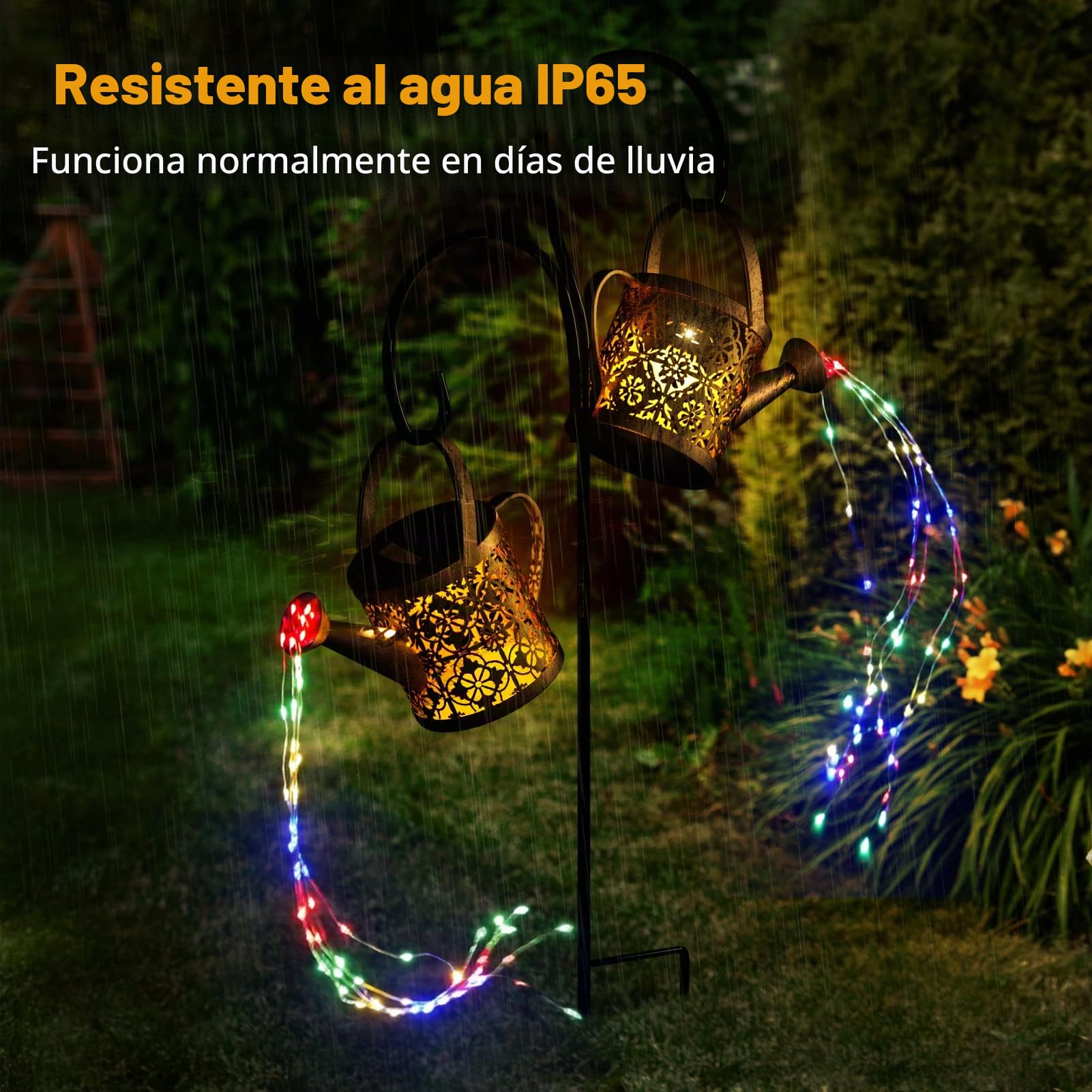 K KERNOWO Luz solar para regadera, paquete de 2 adornos de jardín, decoración al aire libre, regadera, luces solares IP65, impermeable, iluminación de camino de metal con cadena de luces y gancho de