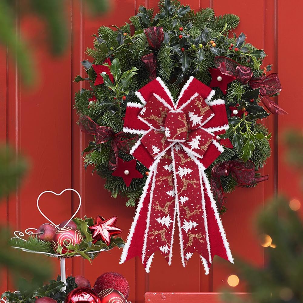 2PCS Christmas Wreath Bows Christmas Decor Bows Red Velvet Trees Ribbon Bows for Wreath, Christmas Tree Topper Bows for Christmas Party Decoration Home Indoor Outdoor Xmas Wreath Ornament Supplies - Image 3