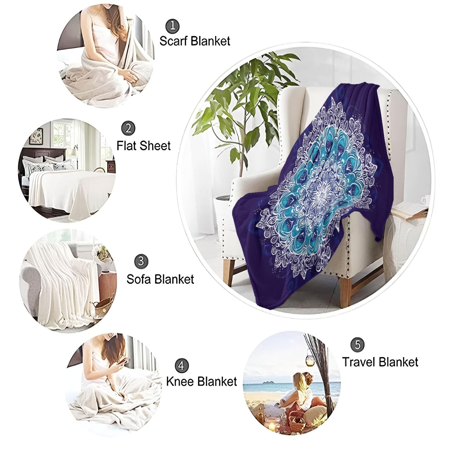 Decke Flanell 180 x 220 cm Geschenke für Frauen und Männer - Traditionelle Mandala-Blumen Witzige Geschenke für Freunde zu Weihnachten und Geburtstag, Lila