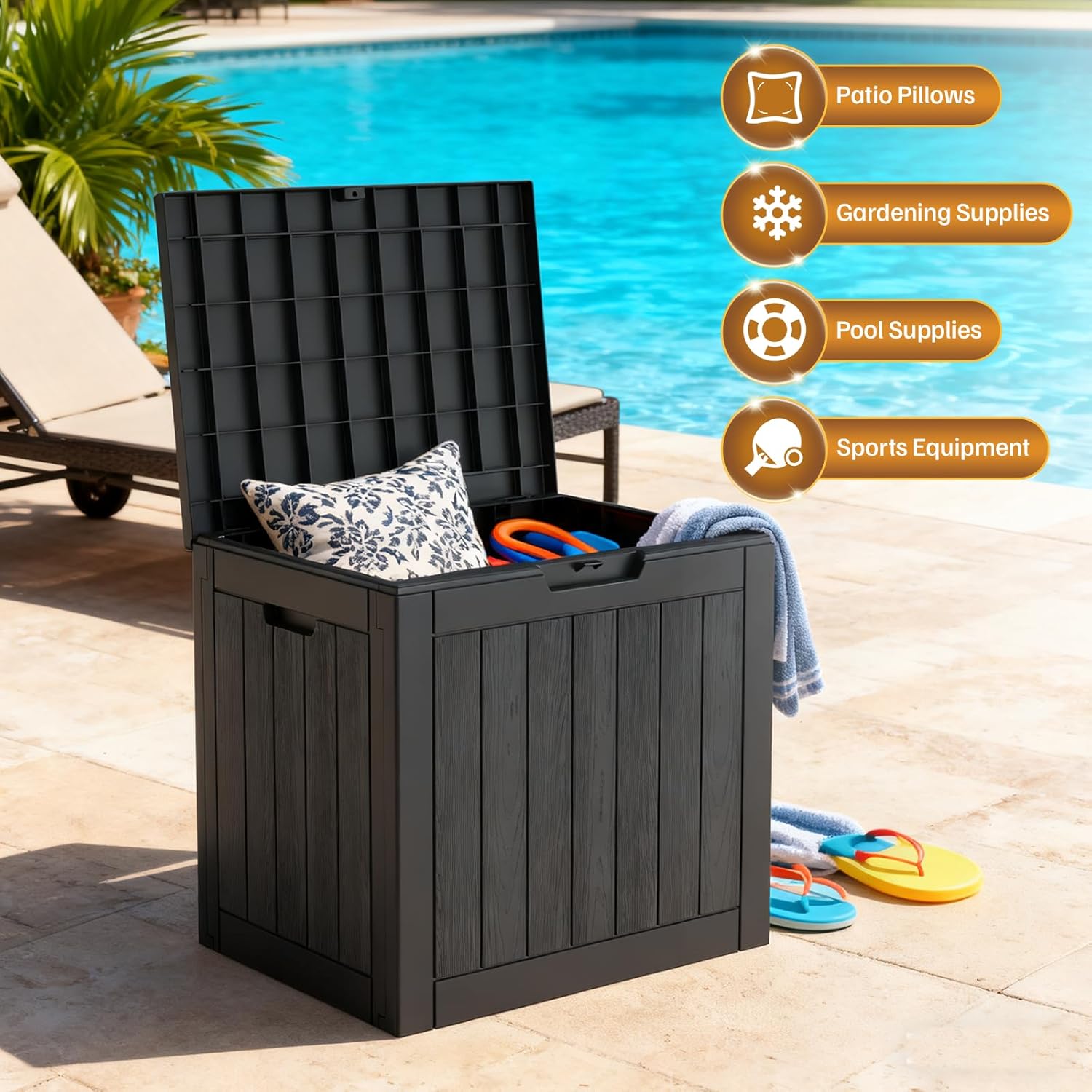31 Gallon Outdoor Deck Box - Waterproof Lockable Resin Container, Weatherproof UV Resistant Organizer for Patio Garden Yard Poolside, Black