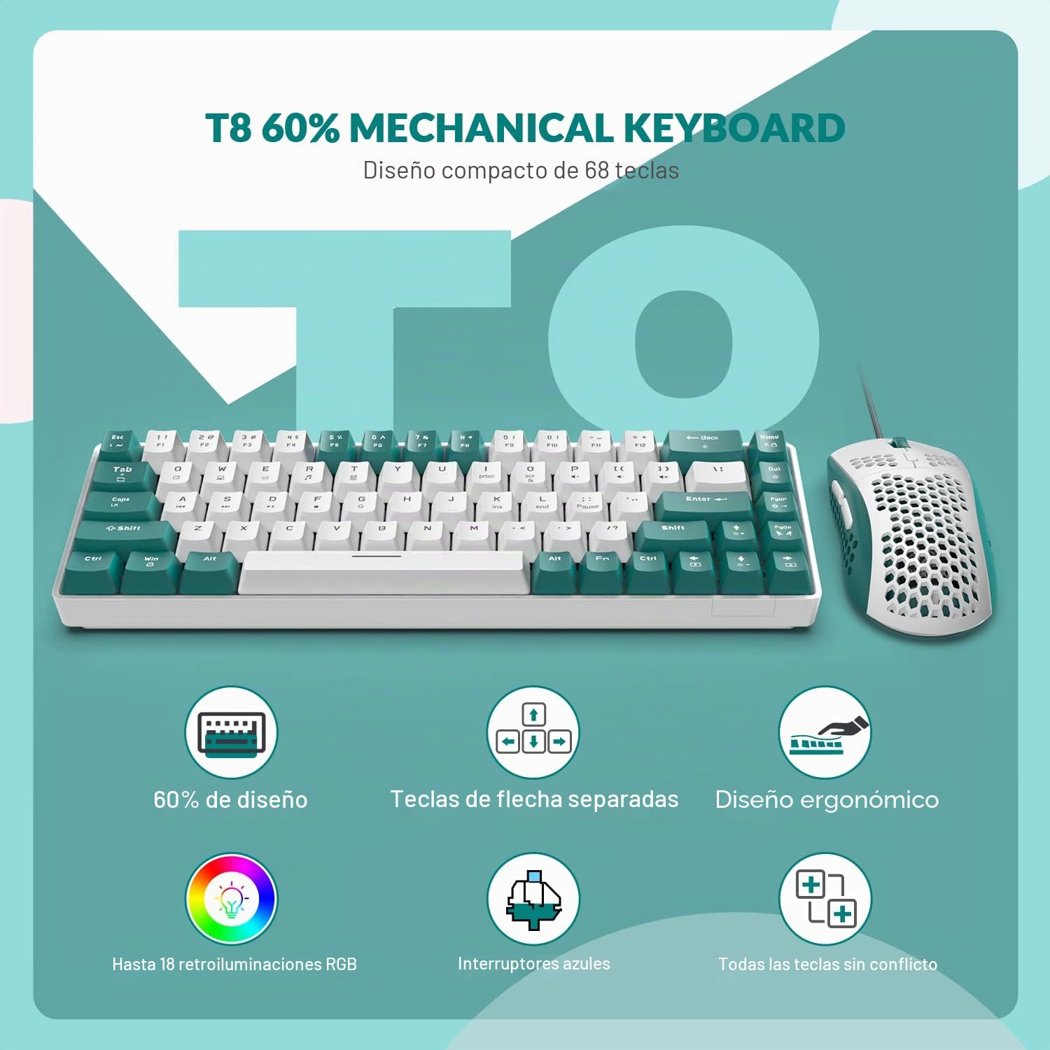 YINDIAO T8 60% RGB Juego de Teclado y Mouse para Juegos+Cable USB C en Espiral,Teclado Mecánico con Cable,US Layout,Compacto TKL de 68 Teclas,Mouse de Nido de Abeja,hasta 6400 dpi,para PC PS5,Verde