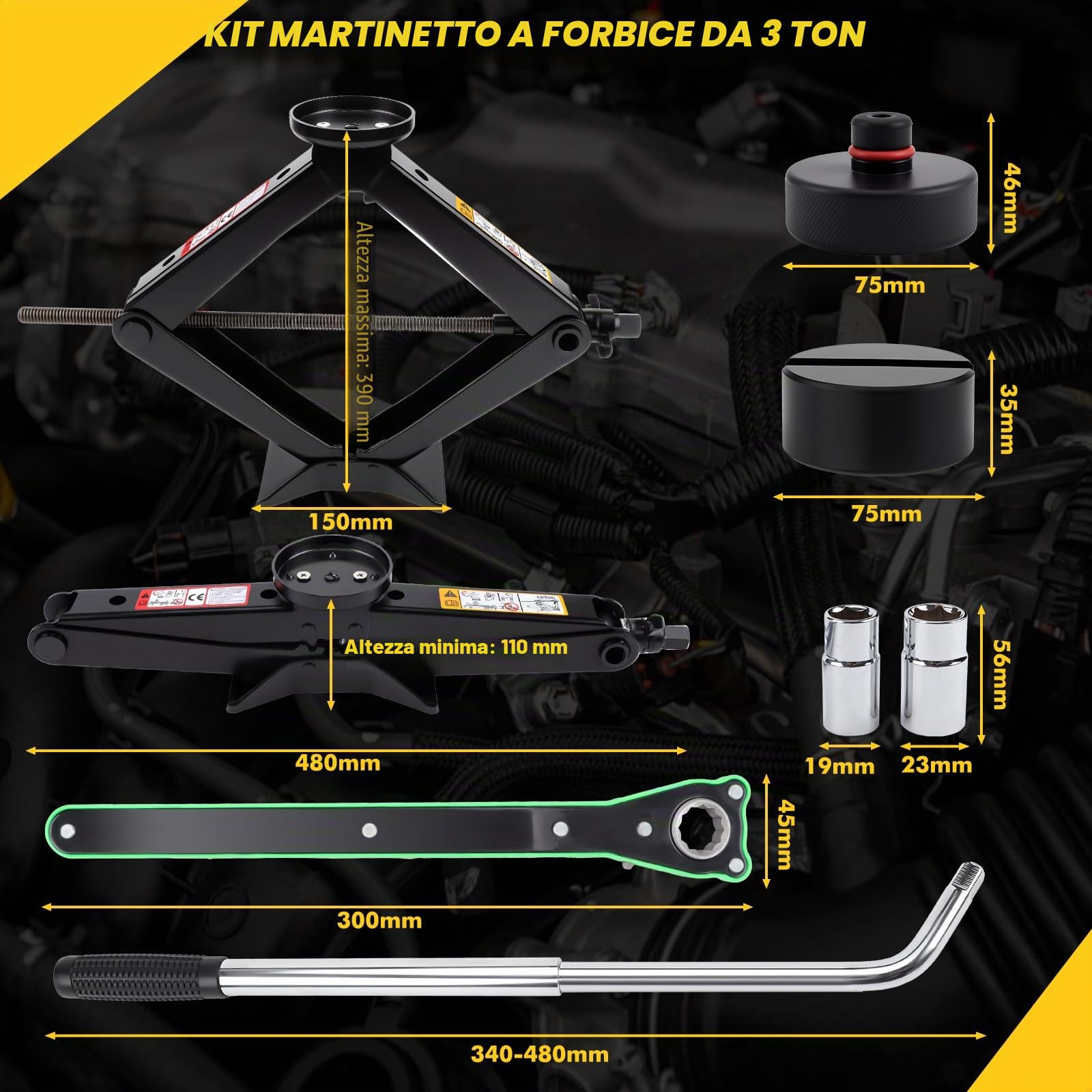 KAOLALI Cric Per Auto 3T/3000kg, Cric Auto Con Universale Tampone In Gomma | Cric a Forbice Per Auto Con Chiave Per Dadi Ruota Portatile, Kit Di Emergenza Per Auto SUV Tesla Model 3/Y/S/X