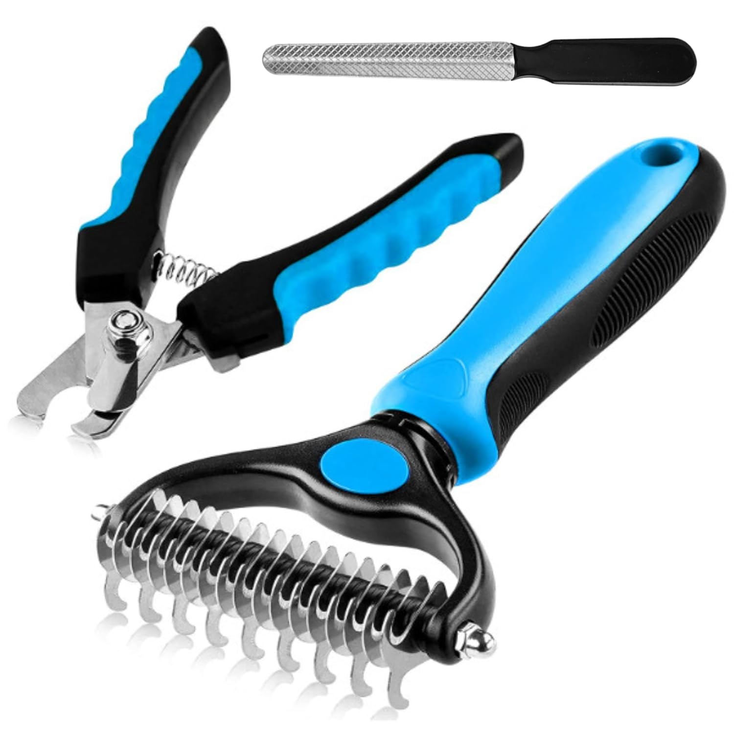 Dog & Cat Grooming Brush Combo - Double Sided Shedding and Dematting Undercoat Rake Comb for All Hair Types, Extra Wide, Blue, 2 Count