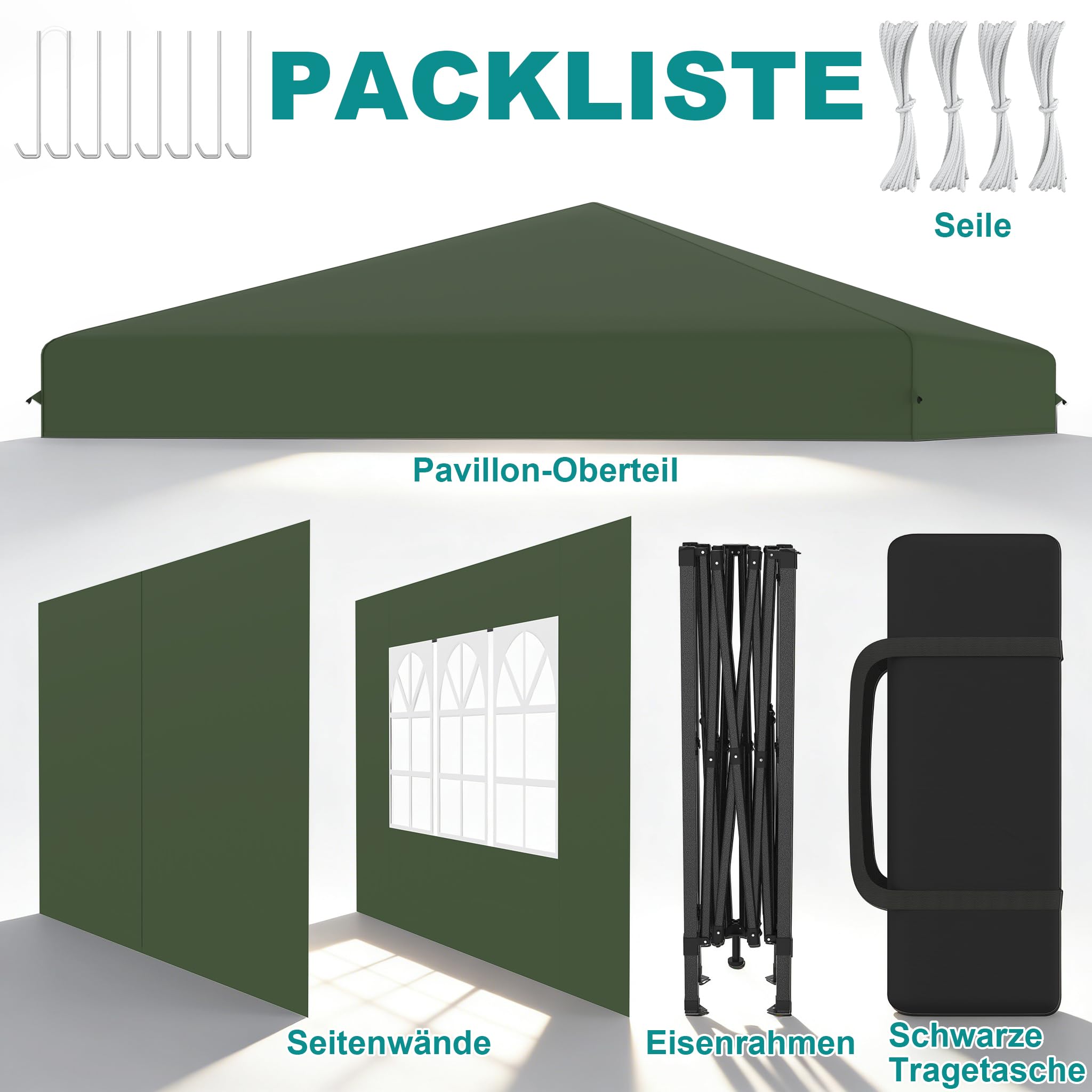ACXIN Gazebo 2,5 x 2,5 m tenda pop-up pieghevole con 3 livelli di altezza regolabile, tenda per feste con tetto argento-Oxford, gazebo da giardino con corde picchetti e borsa per il trasporto (verde