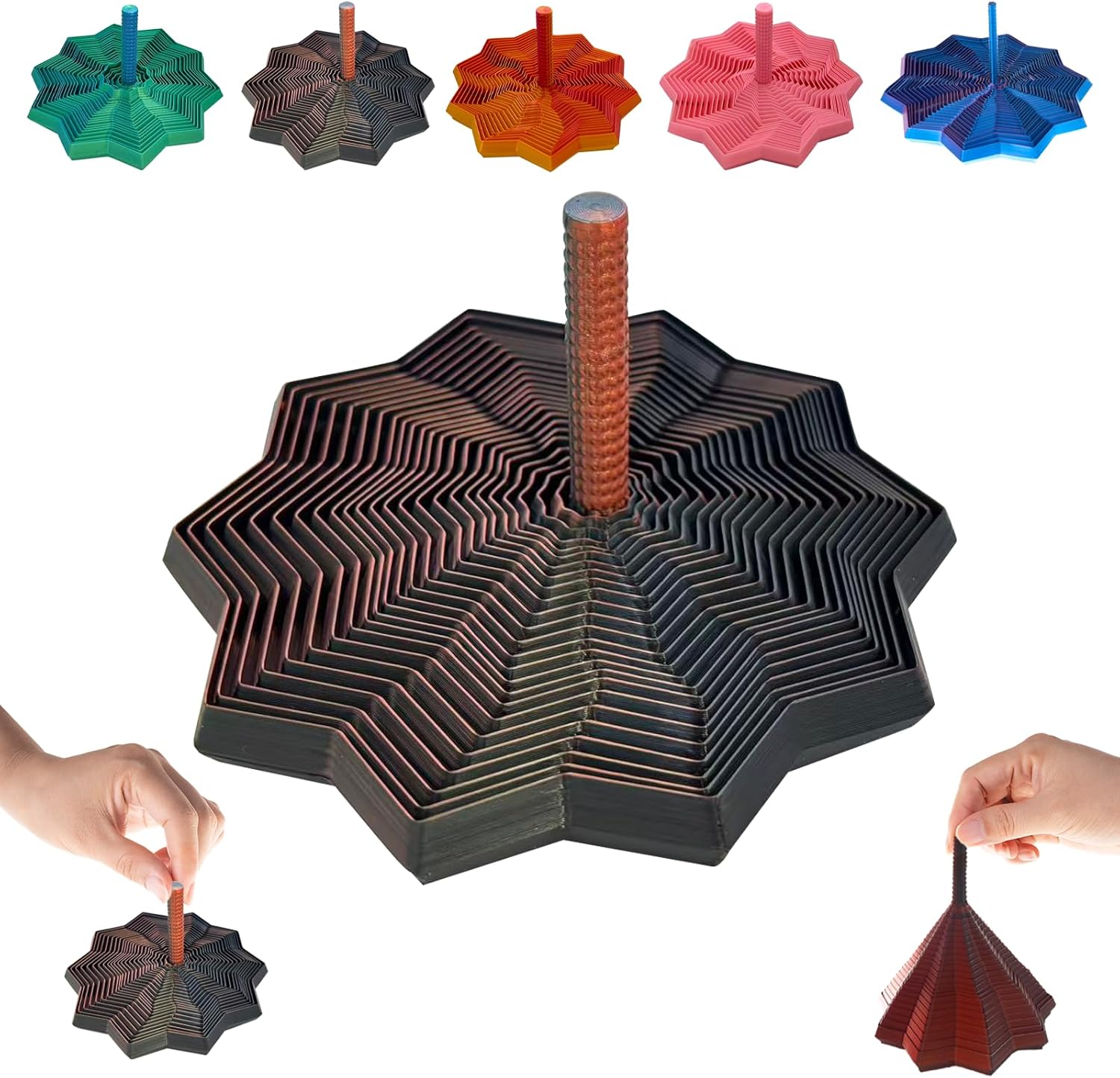Colorful 3D Printed Expanded Sensory Fidget Star with Handles Fractal Fidget Hexagon Whirling Spiral Star Shaped Stress Relief (Red Gold)