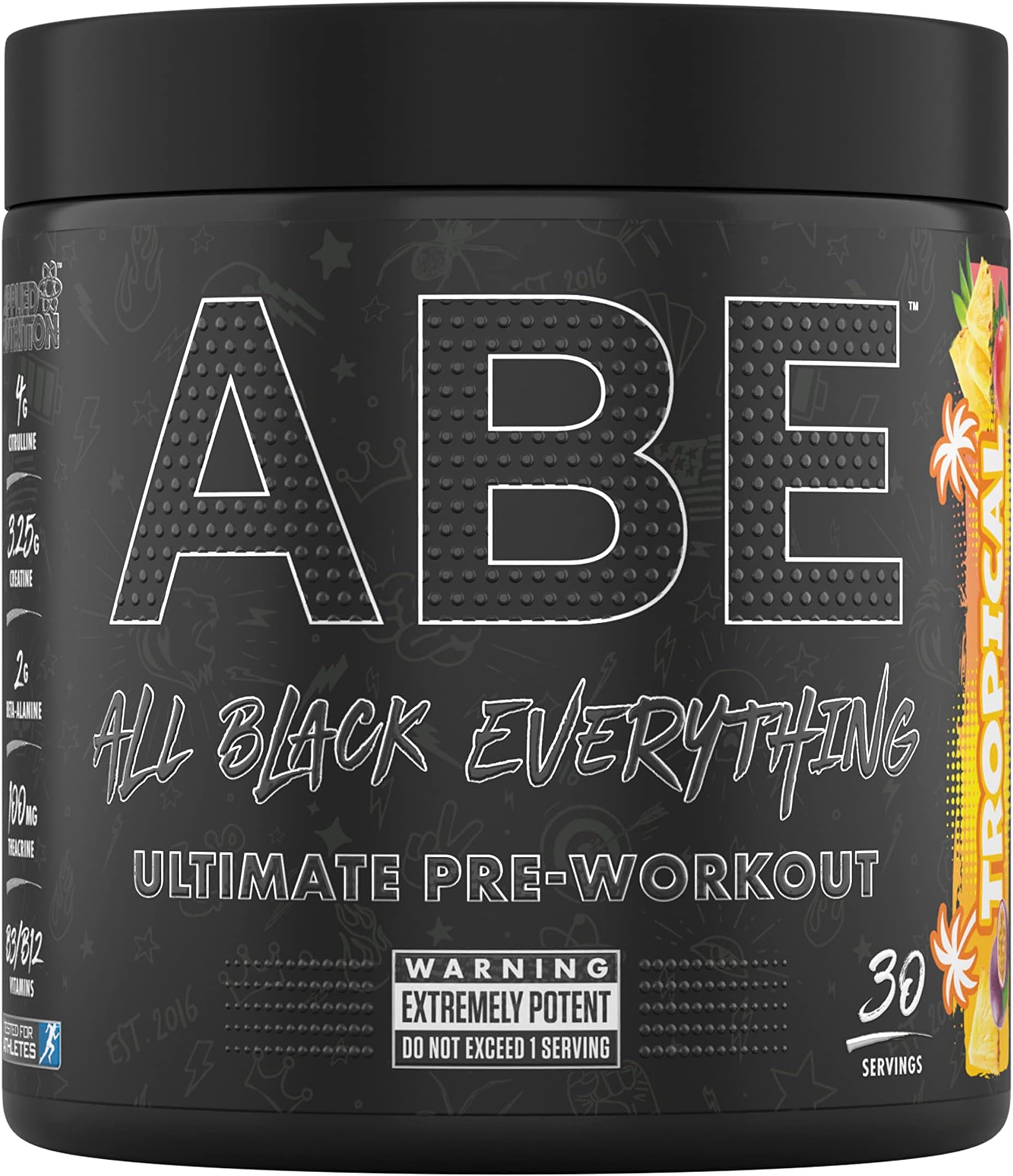 Applied Nutrition ABE All Black Everything Pre Workout Powder Energy, Physical Performance with Citrulline, Creatine, Beta Alanine, Caffeine, VIT B Complex (30 Servings, Tropical)