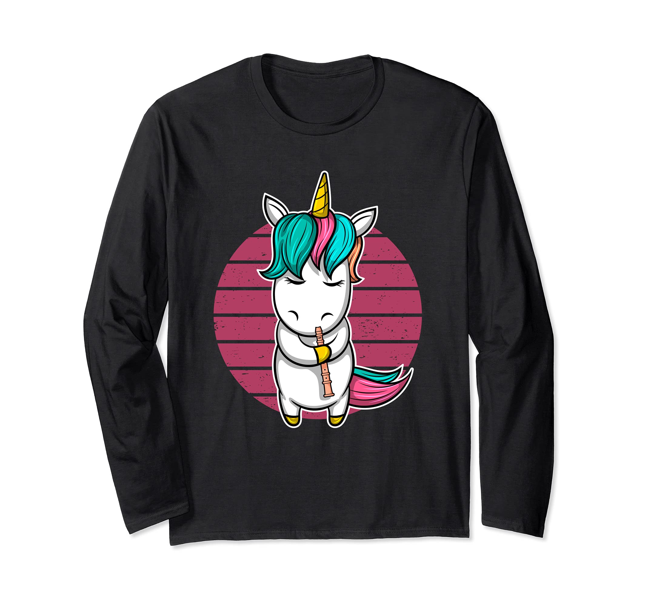 Girl Flute Player Flutist I Cute Unicorn With Flute Long Sleeve T-Shirt, Black