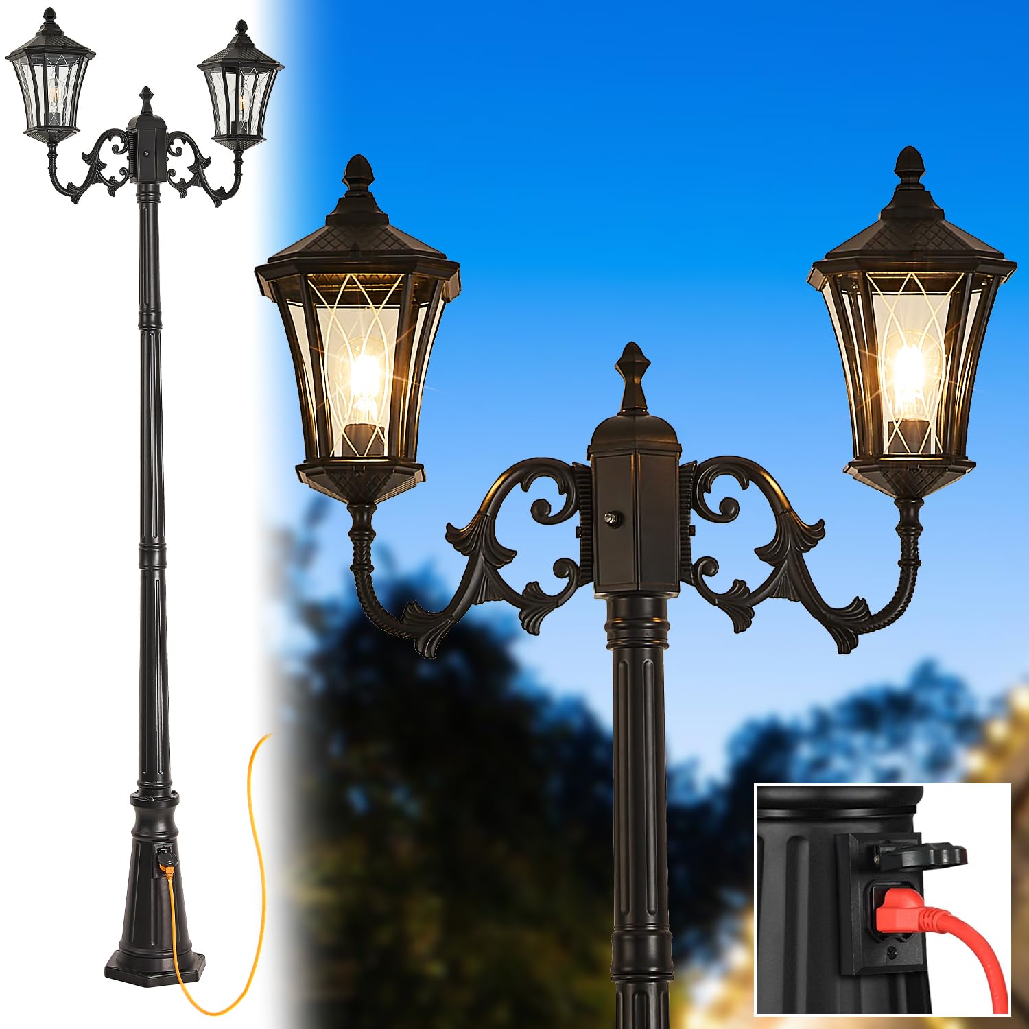 Lampa zewnętrzna od zmierzchu do świtu z gniazdkiem, 2-głowicowe oprawy oświetleniowe uliczne ze szkłem wzorzystym, wodoodporne lampy zewnętrzne na podwórko, do ogrodu, na podjazd