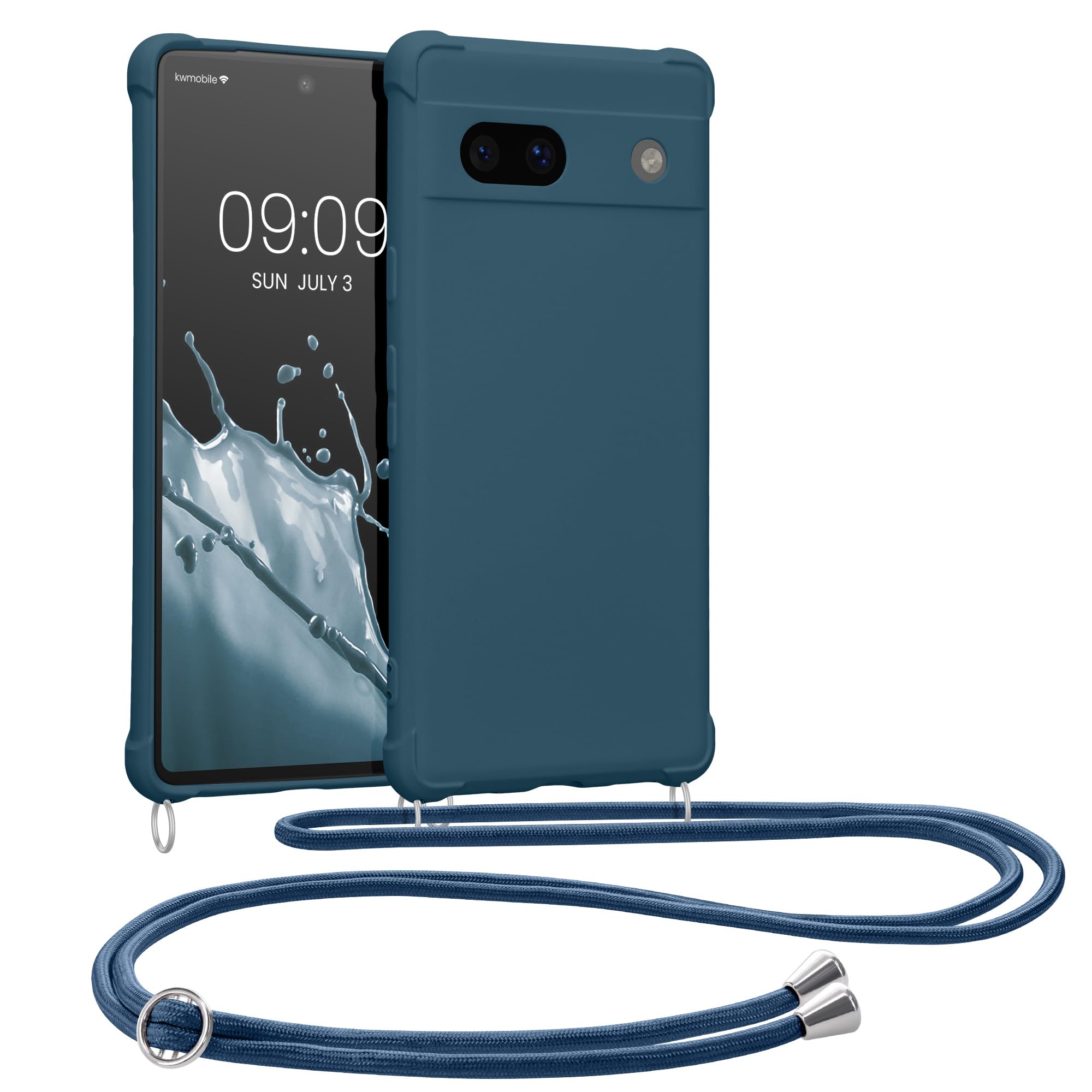 kwmobile Crossbody Case Compatible with Google Pixel 7a Case - TPU Silicone Cover with Strap - Dark Blue