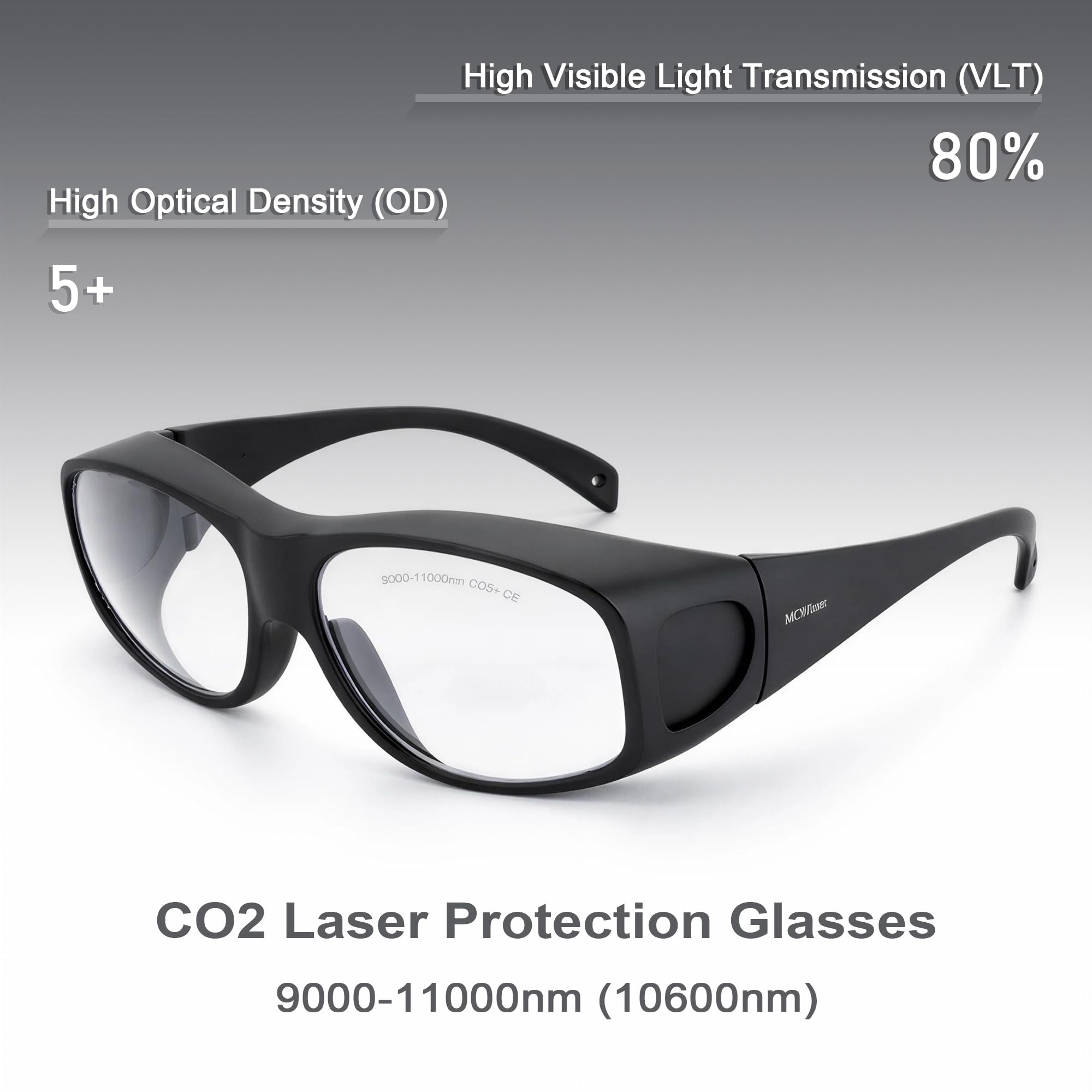MCWlaser Lunettes de protection laser CO2 10600 nm 9000-11000 nm OD5+ Lunettes de protection laser Type d'absorption Lunettes laser CO2 pour gravure laser CO2 Découpe de traitement de beauté