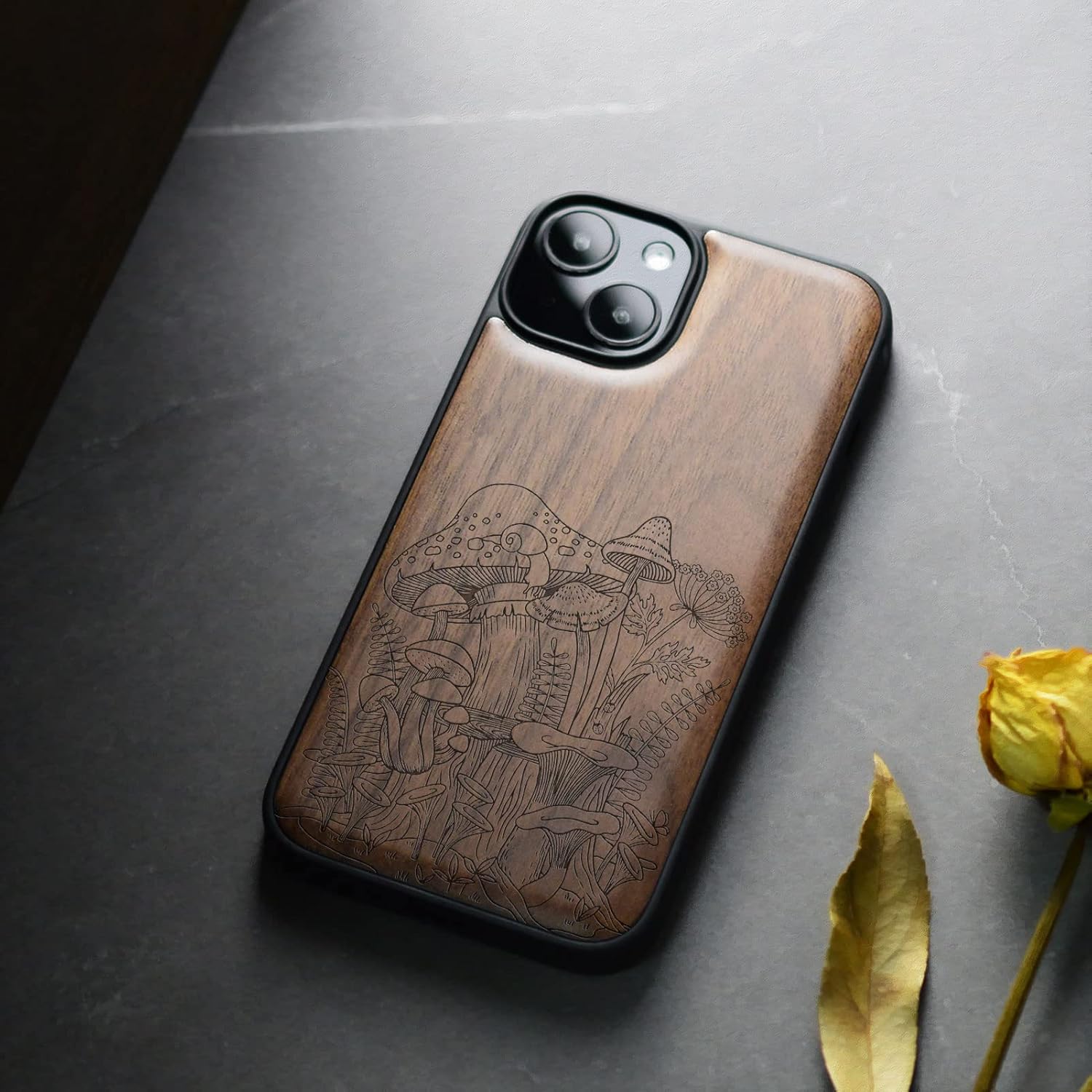 Carveit Magnetic Wood Case for iPhone 14 Case [Natural Wood & Black Soft TPU] Unique & Classy Wooden Shockproof Protective Cover Compatible with magsafe (Vintage Mushrooms -Walnut)