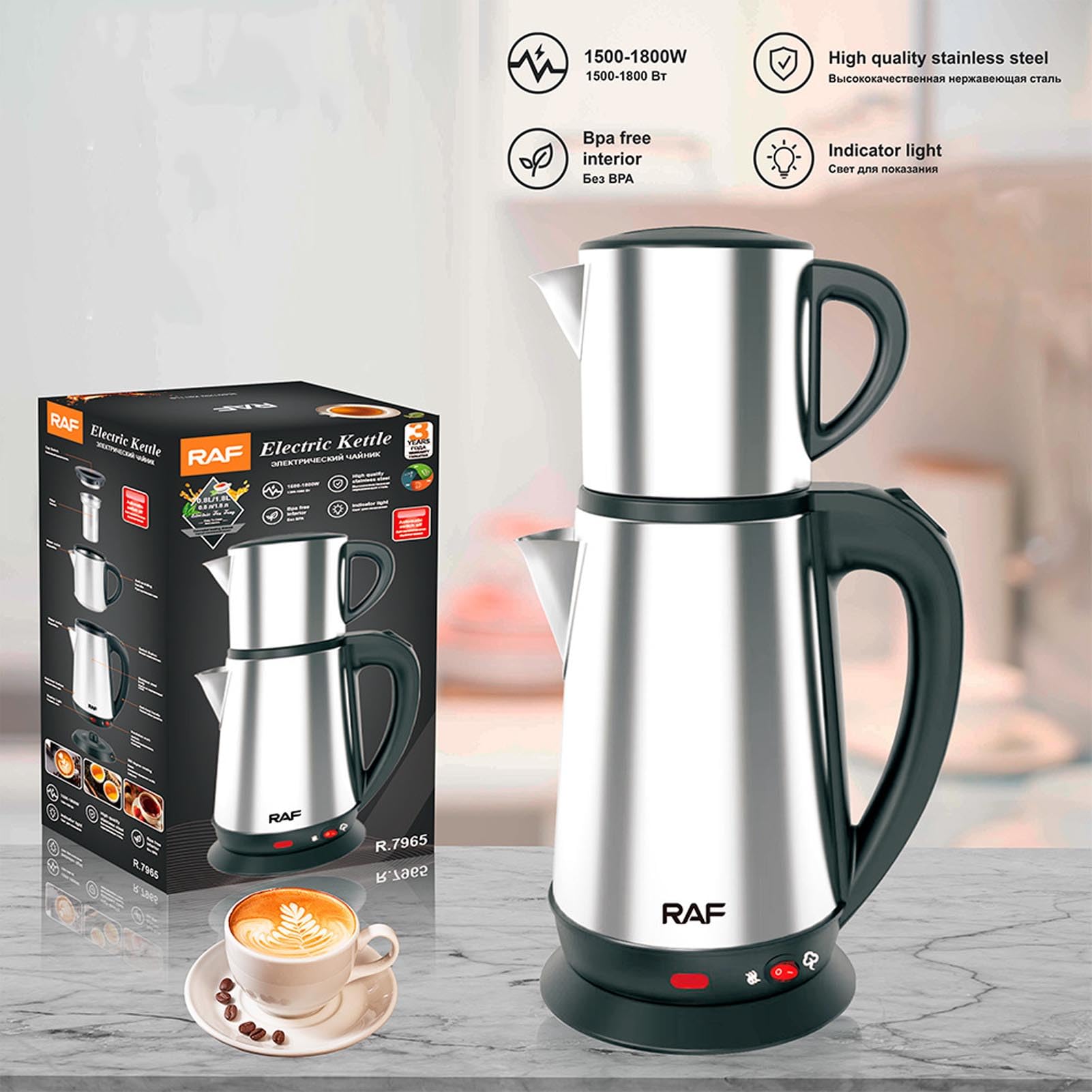 ASHATA Set de Tetera Turca de Acero Inoxidable, Tetera Turca con Infusor y Tapa, 1L y 2L Creador de té de té, Parte de Calefacción Oculta, hasta 12 Tazas, para Casa (Enchufe de la UE 220V)