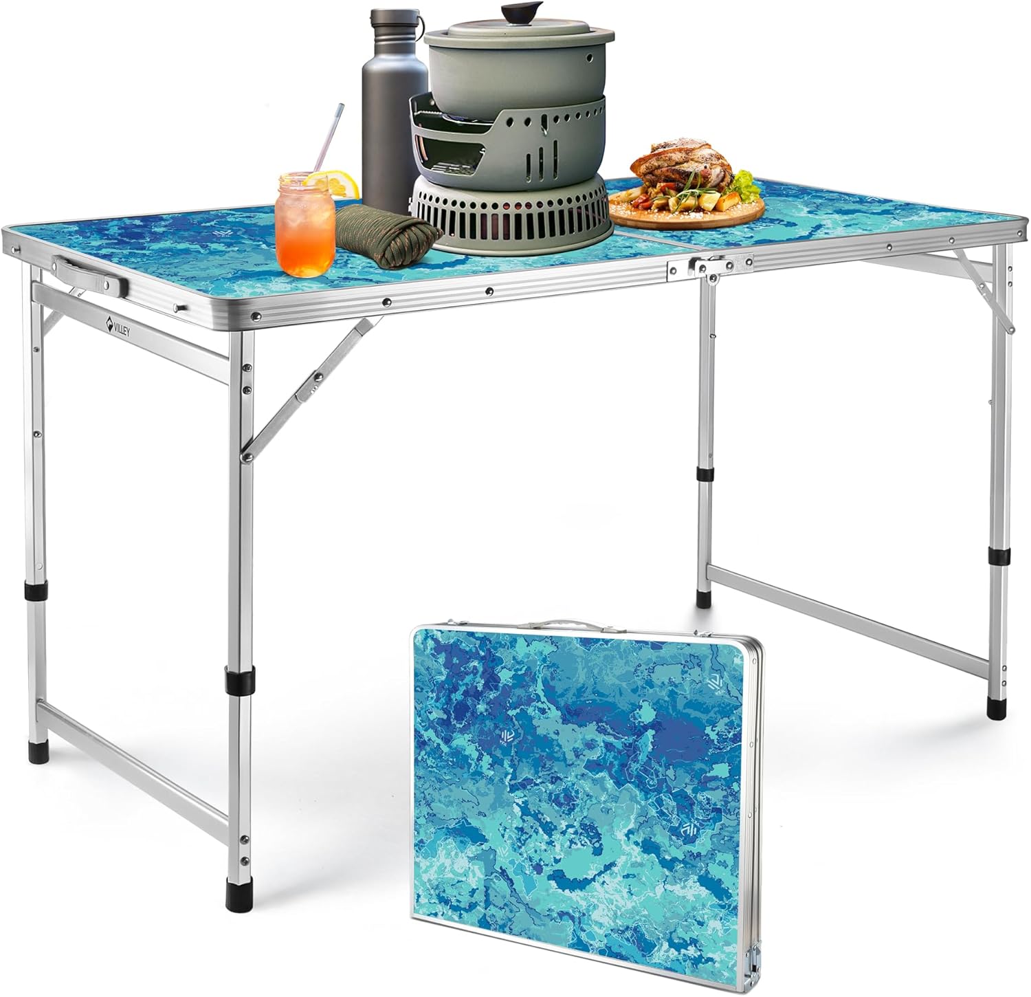 VILLEY Folding Camping Table 4FT, Large Portable Aluminum Table with Adjustable Height, Foldable Lightweight Picnic Table with Carry Handle for Camping, BBQ, Outdoor & Indoor Activities 47.2" x 23.6"(3 Height)