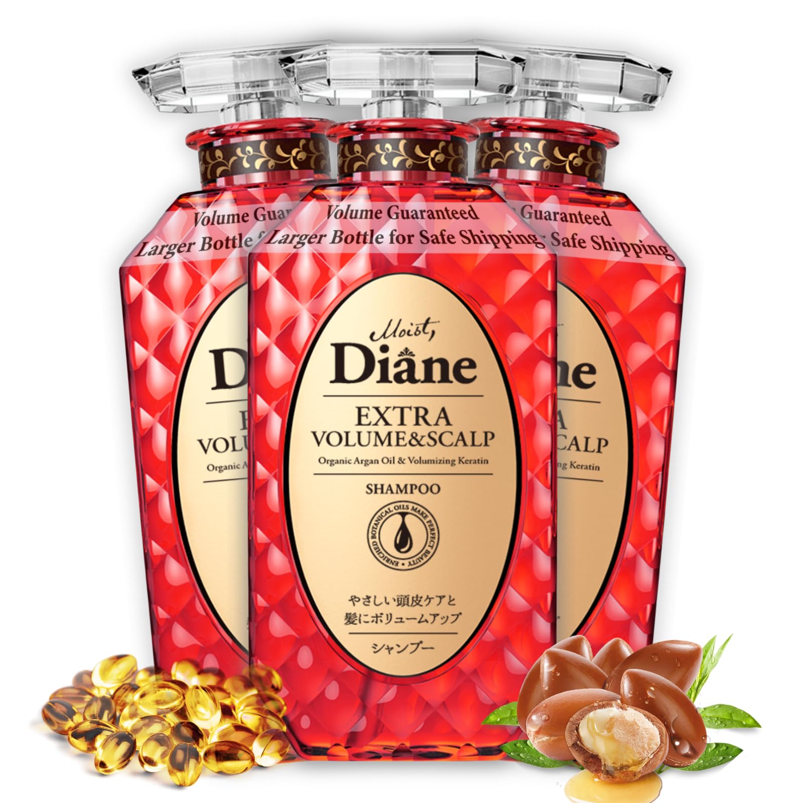 Moist Diane Hair Thinning Shampoo for Women, Organic Shampoo for Men by Keratin, Argan Oil, Biotin, Baobab oil, Stem Cells & Plum Oil, Paraben Free SHAMPOO from Japan, VOLUME & SCALP, 15.2 Fl Oz 3EA