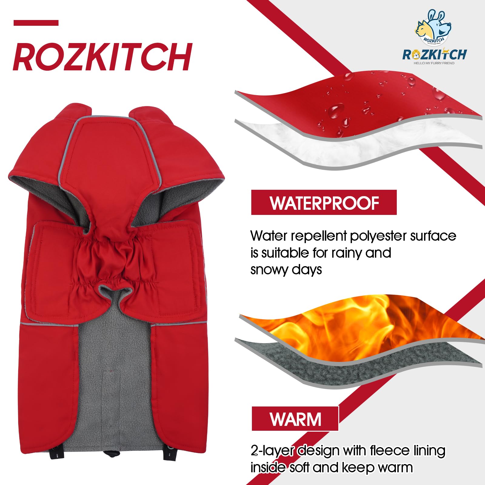 ROZKITCH Dog Raincoat Jacket Waterproof Windproof Dog Rain Jacket with Fleece Liner and Leash Hole Reflective Strip for Medium Large Dog, Adjustable Poncho Vest for Outdoor Hiking Travel Red 2XL