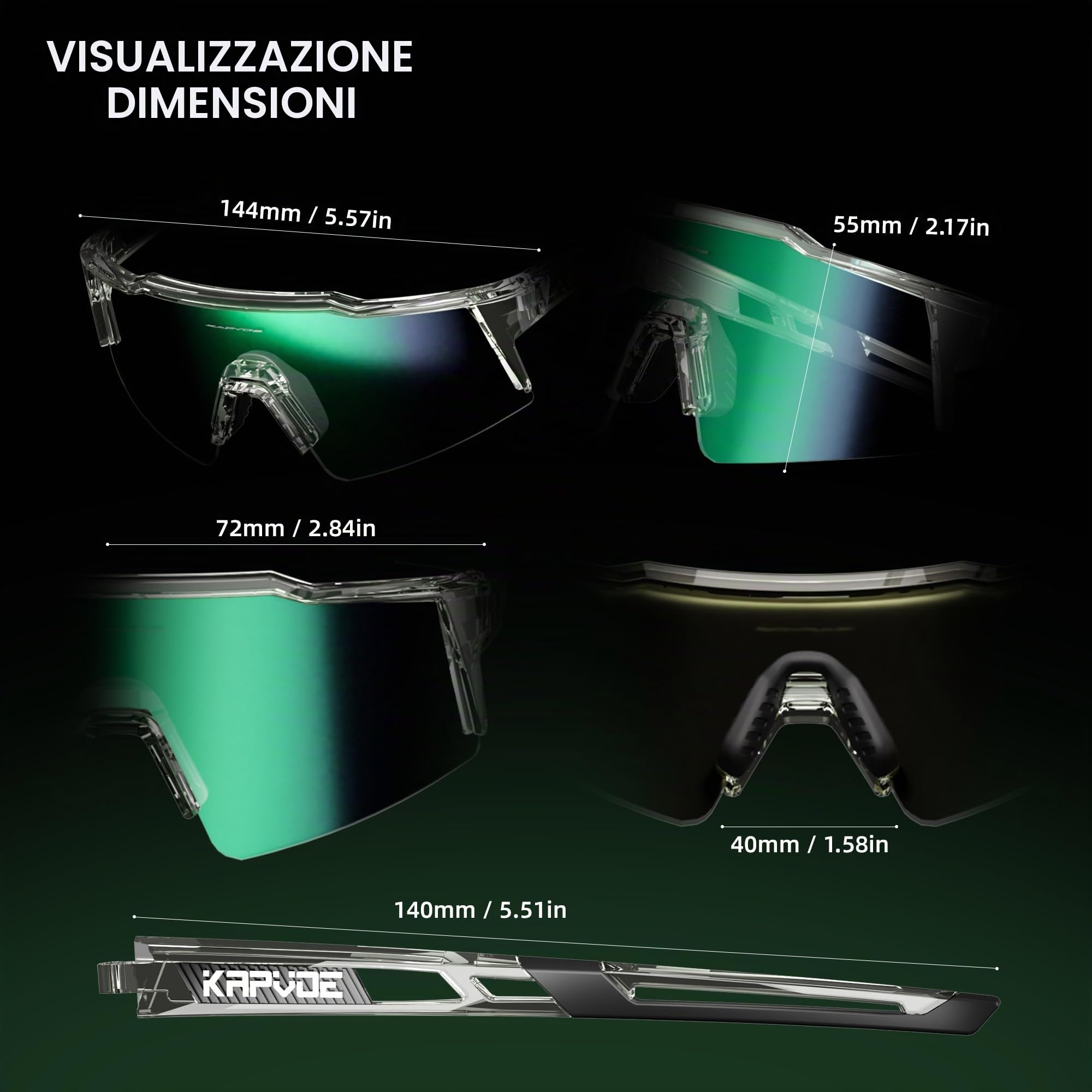 KAPVOE Occhiali da ciclismo fotocromatici UV400 uomo donna TR90 K9023 | Tecnologia fotocromatica full frame, Protezione UV400, Struttura TR90 e supporto interno integrato