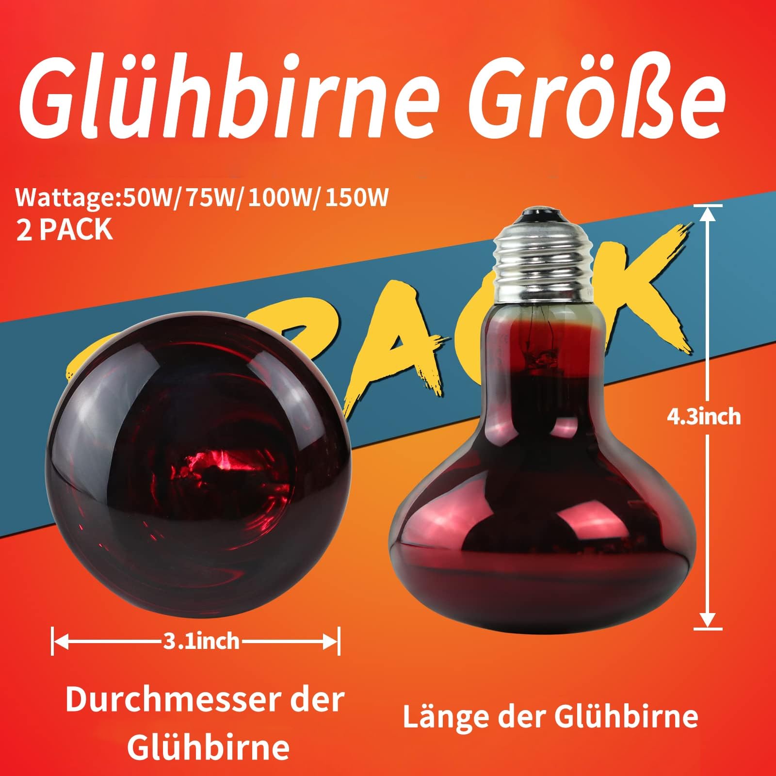LUCKY HERP Confezione da 2 lampadine riscaldanti per rettili da 100 W, lampadina spot a infrarossi per anfibi, lampada riscaldante per rettili per tartarughe, draghi barbuti, lucertole