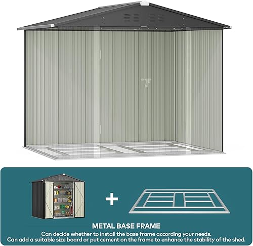Miniatura 7 de Gizoon Cobertizo de almacenamiento para exteriores de 8 x 6 pies con marco de base de metal, cobertizo de jardín de metal galvanizado con puertas