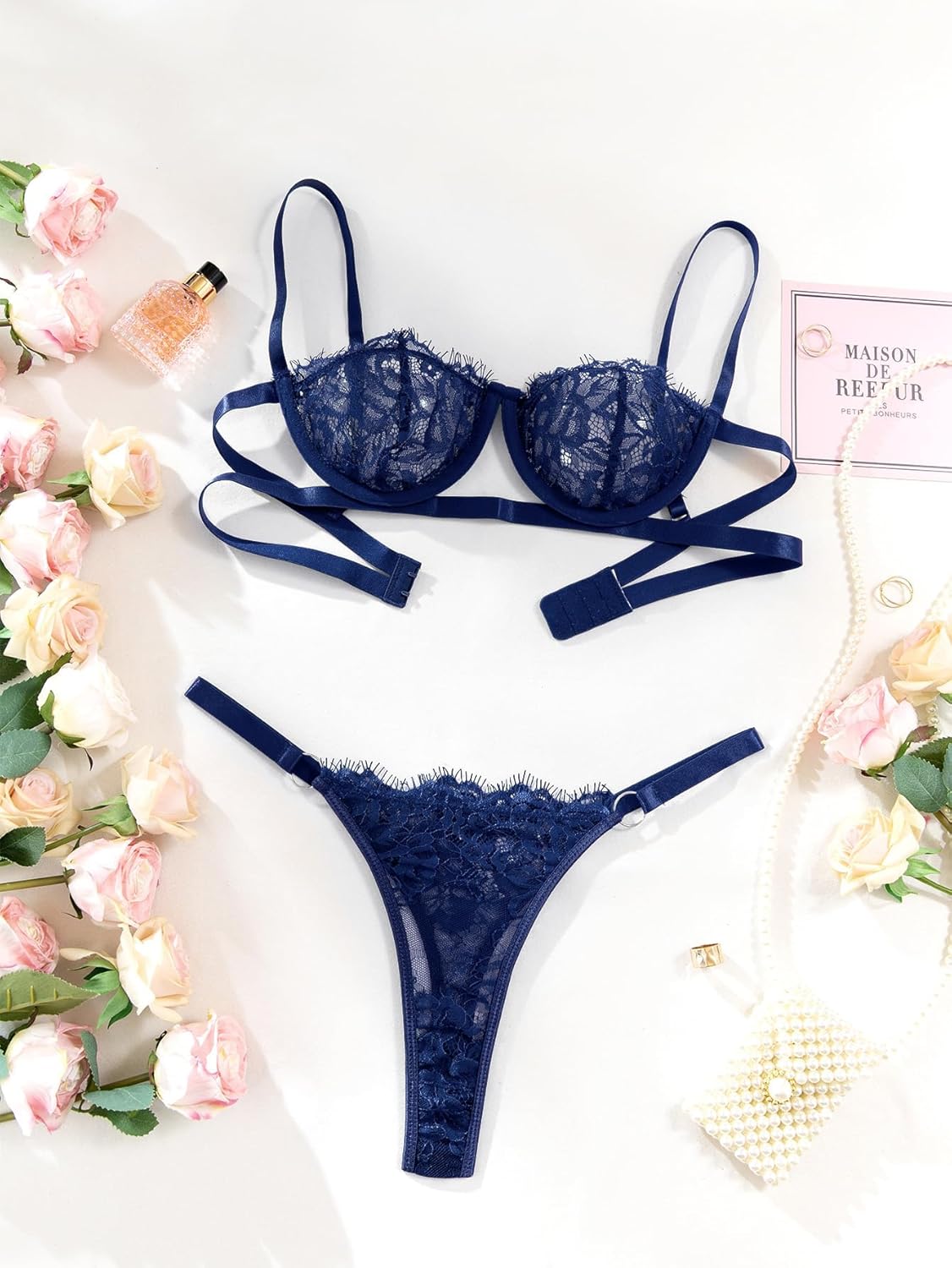 Lilosy Sexy Eyelash Underwire Floral Lace Sheer O Ring Linked Cutout Lingerie Set - Image 7