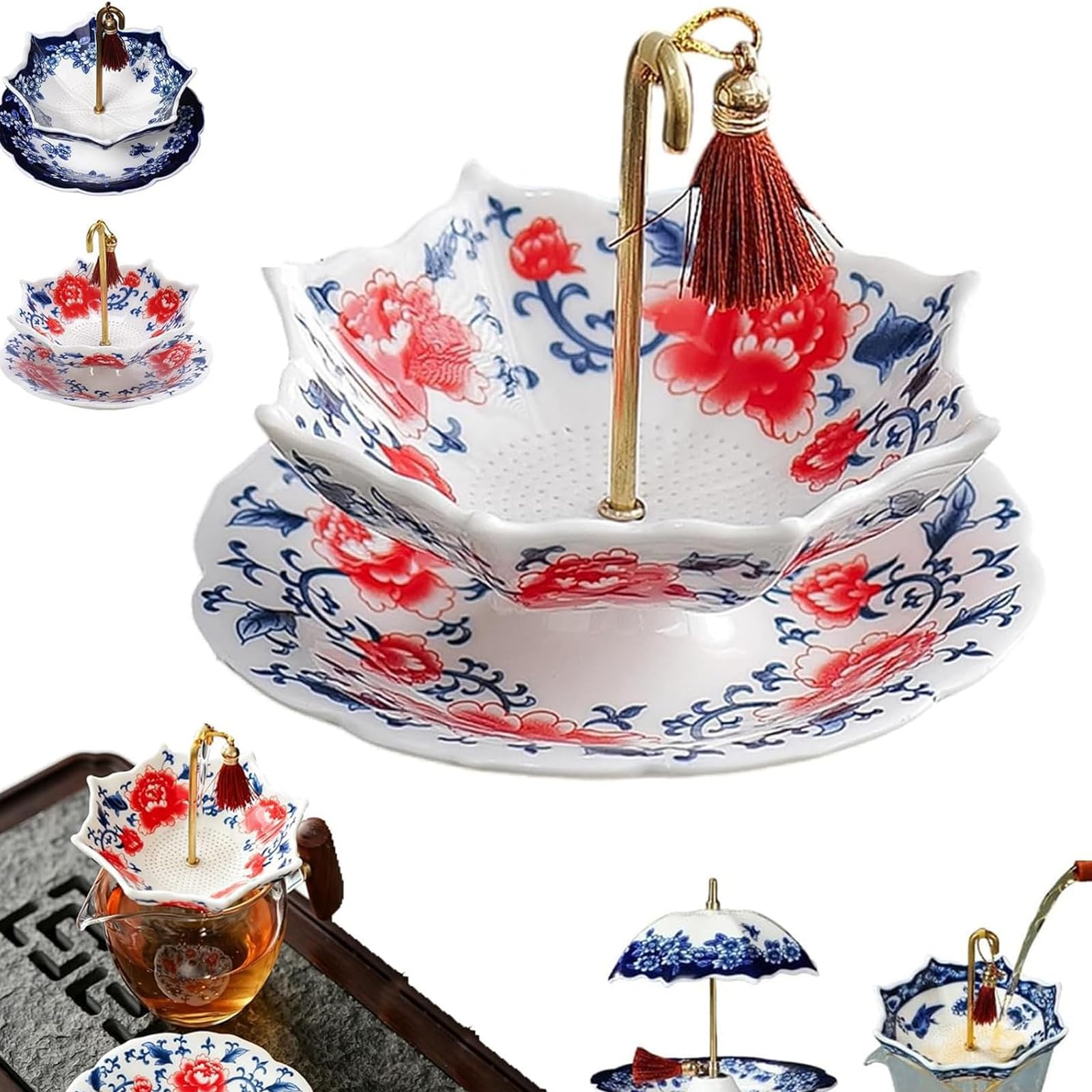 Ceramiczny sitko do herbaty, filtr liściowy w kształcie parasola, z obrotową konstrukcją i mosiężnym uchwytem, porcelanowy zaparzacz do parzenia herbaty i kawy