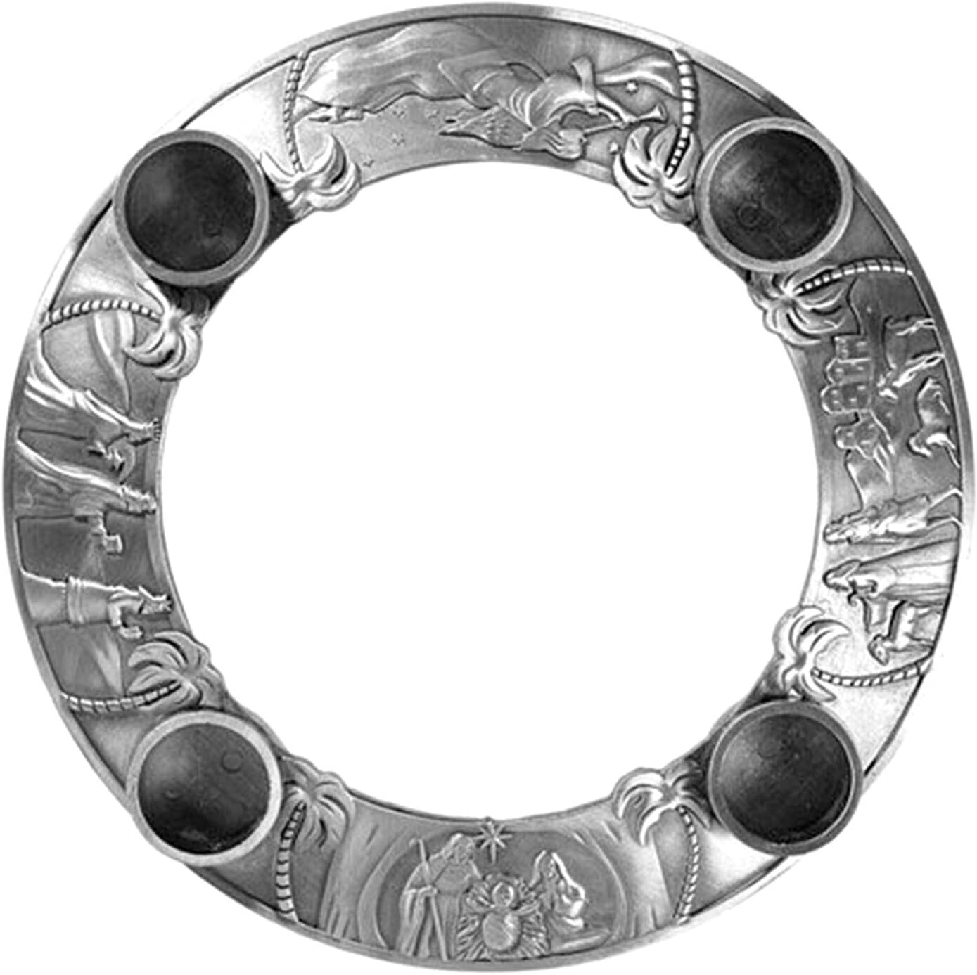 Metal Advent Candle Ring Wreath with Nativity Scene Decorations, Silver Tone, 7 Inch