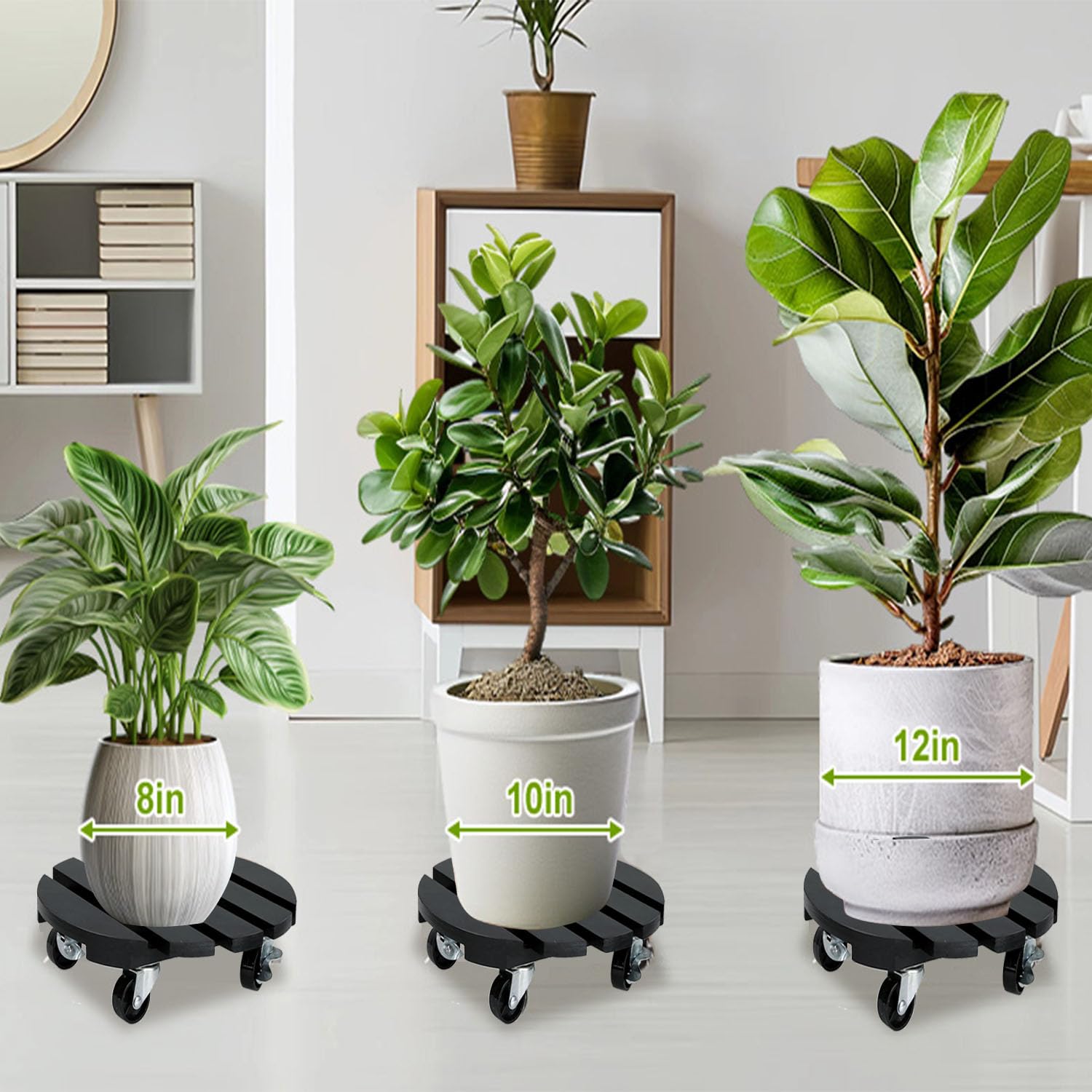 Lot de 2 supports de plantes à roulettes à 360° avec roues verrouillables - Support de pot de fleurs en bois robuste pour intérieur ou extérieur