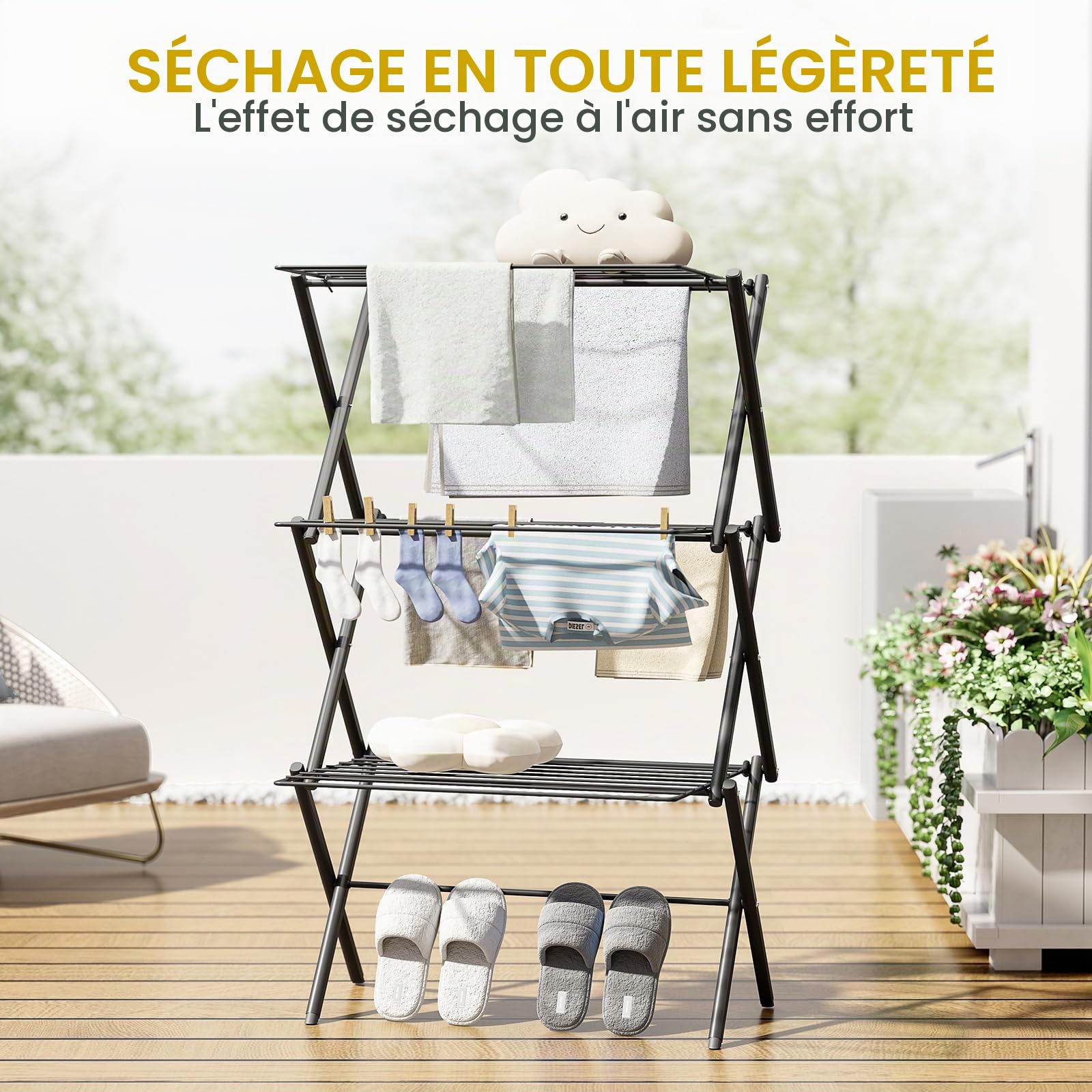 KINGBOARD Support de séchage des vêtements, étendoir à linge pliable, séchoir à vêtements à 3 niveaux, séchoir à pull pliable, pour intérieur et extérieur, Noir